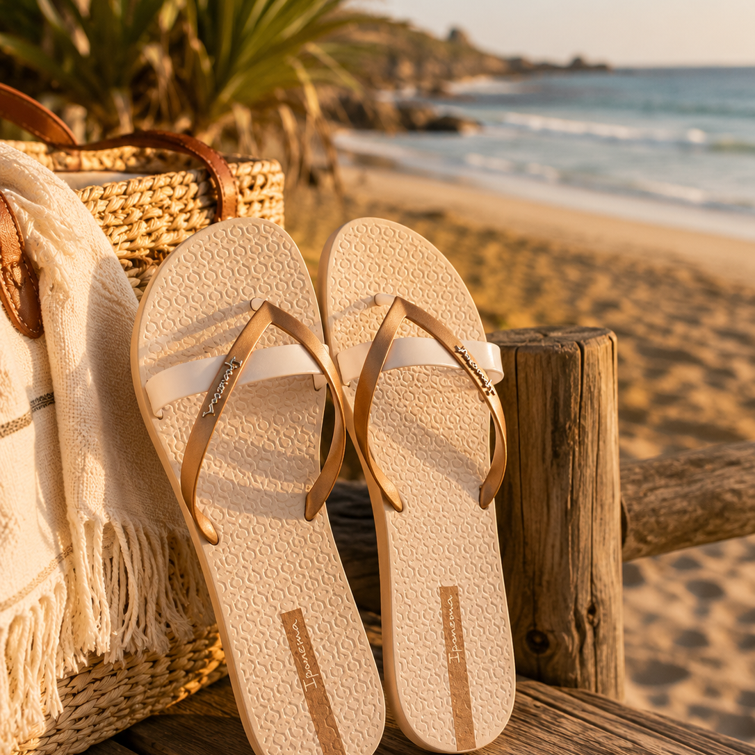 Chanclas Ipanema beige y dorado mujer estilo beach lifestyle premium junto al mar