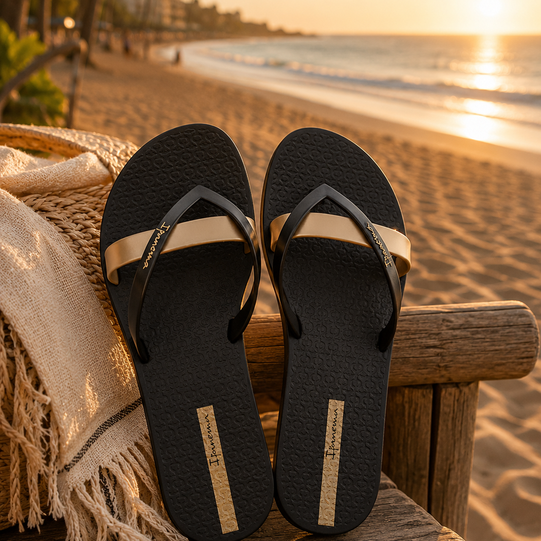 Chanclas Ipanema negras y doradas mujer estilo beach lifestyle premium junto al mar