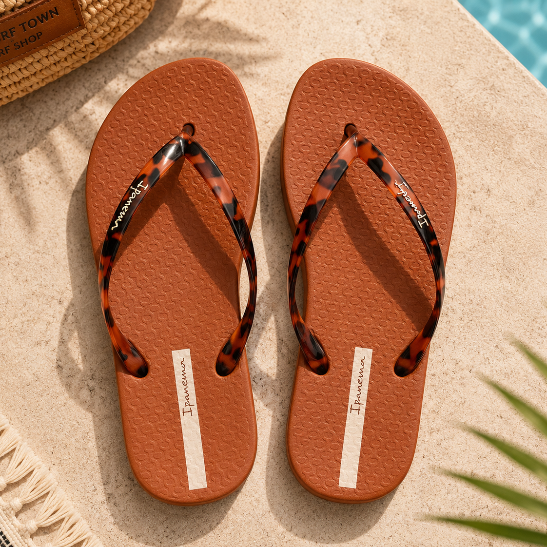 Chanclas marrones Ipanema para mujer con tiras animal print en ambiente mediterráneo premium