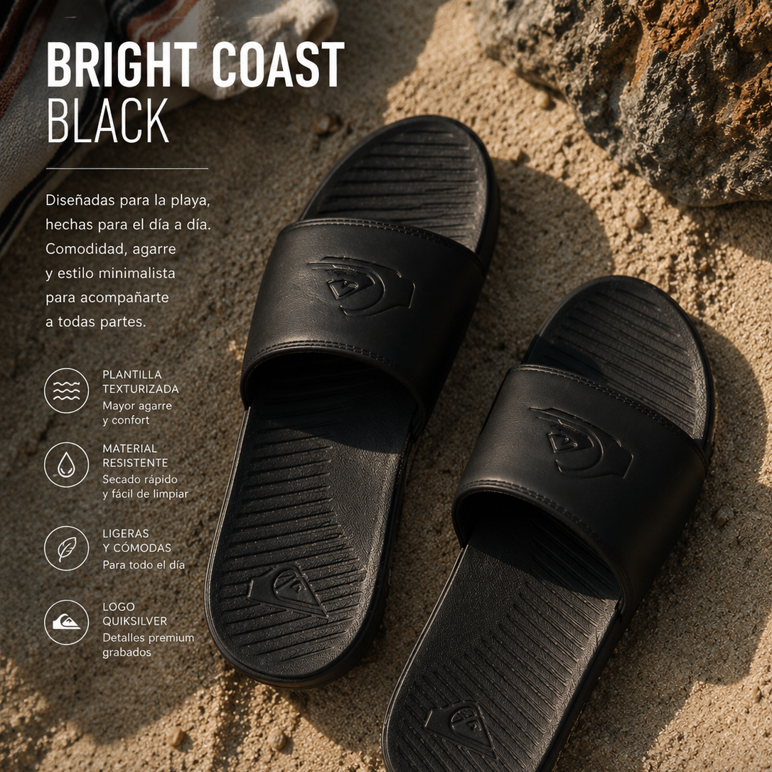 Chanclas de Pala Quiksilver Bright Coast Black estilo surf lifestyle premium en playa