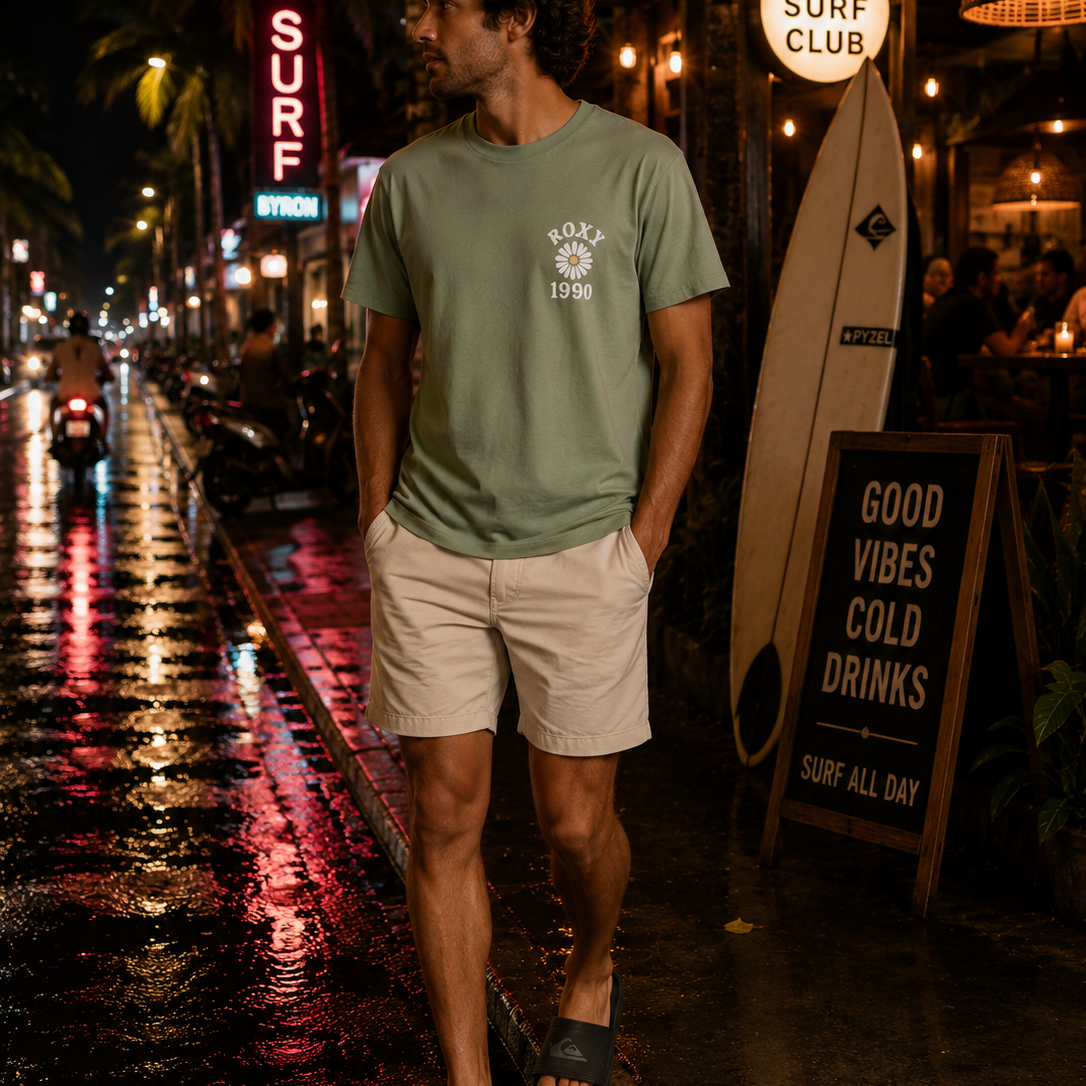 Chanclas Quiksilver negras hombre en boulevard surf nocturno Bali lifestyle premium