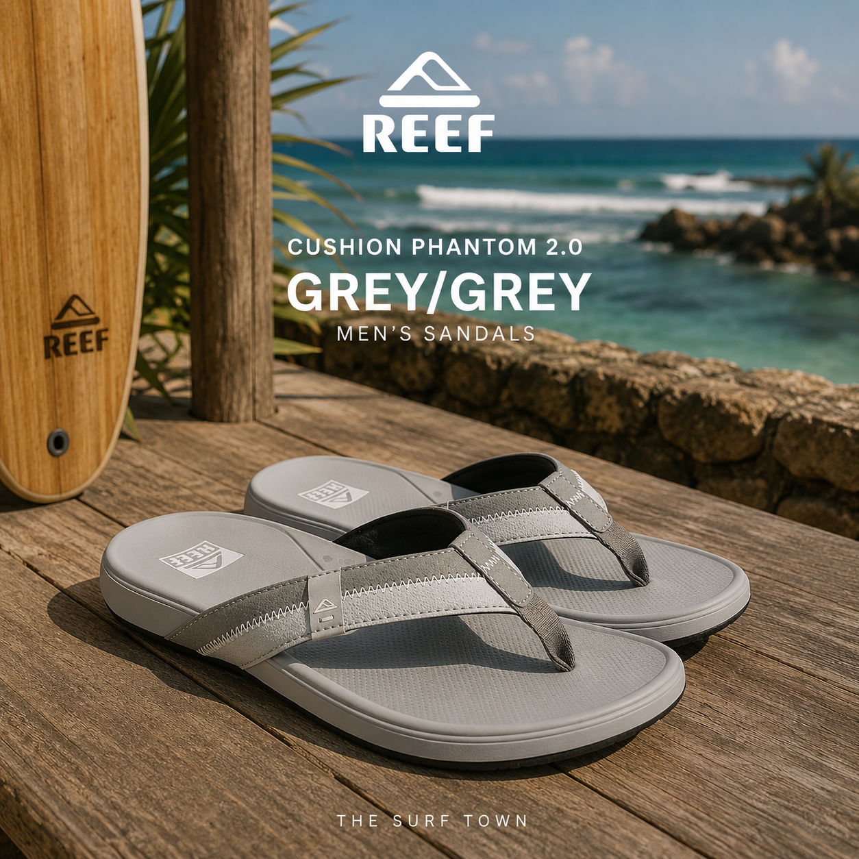 Fotografía propia de THE SURF TOWN de las chanclas Reef Cushion Phantom 2.0 Grey Grey para hombre en un beach club blanco de Mykonos con vistas al mar y ambiente surf lifestyle premium.
