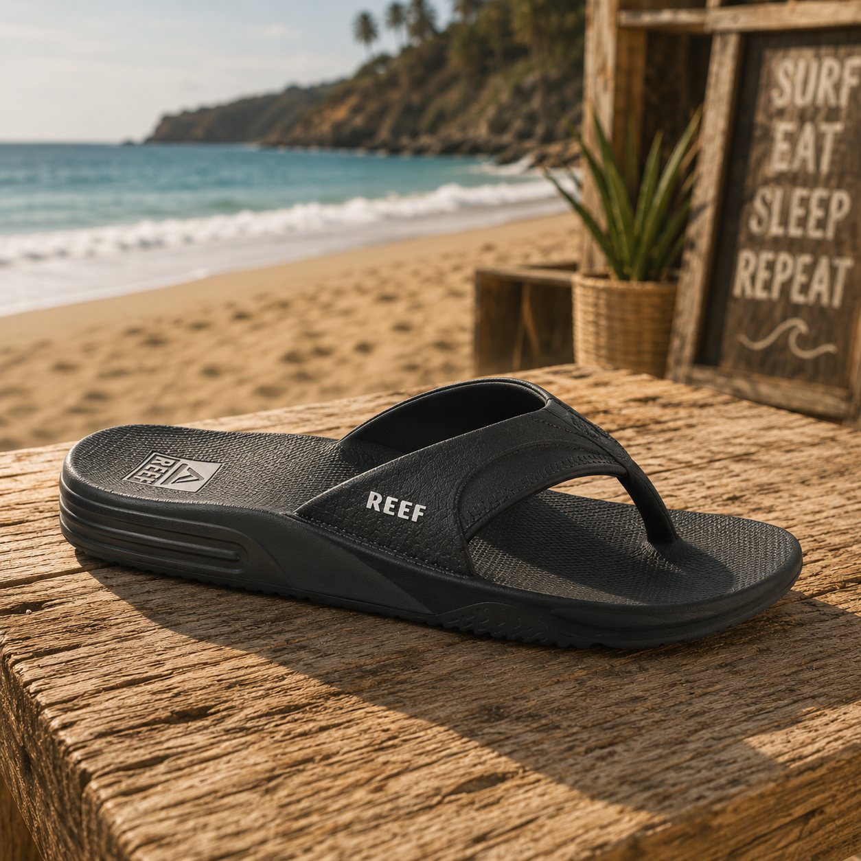 Chanclas Reef Fanning H2O Black Silver para hombre sobre madera junto a la playa con estilo surf lifestyle y ambiente Costa del Sol