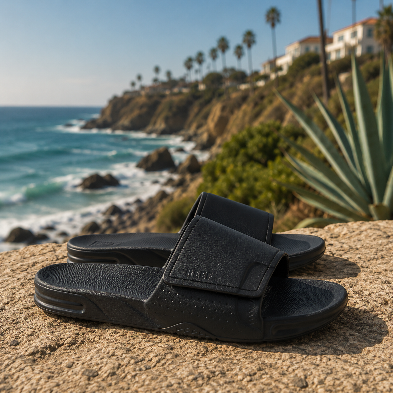 Chanclas Reef Fanning Slide H2O Black para hombre sobre piedra junto al mar con estilo surf lifestyle premium y ambiente Costa del Sol