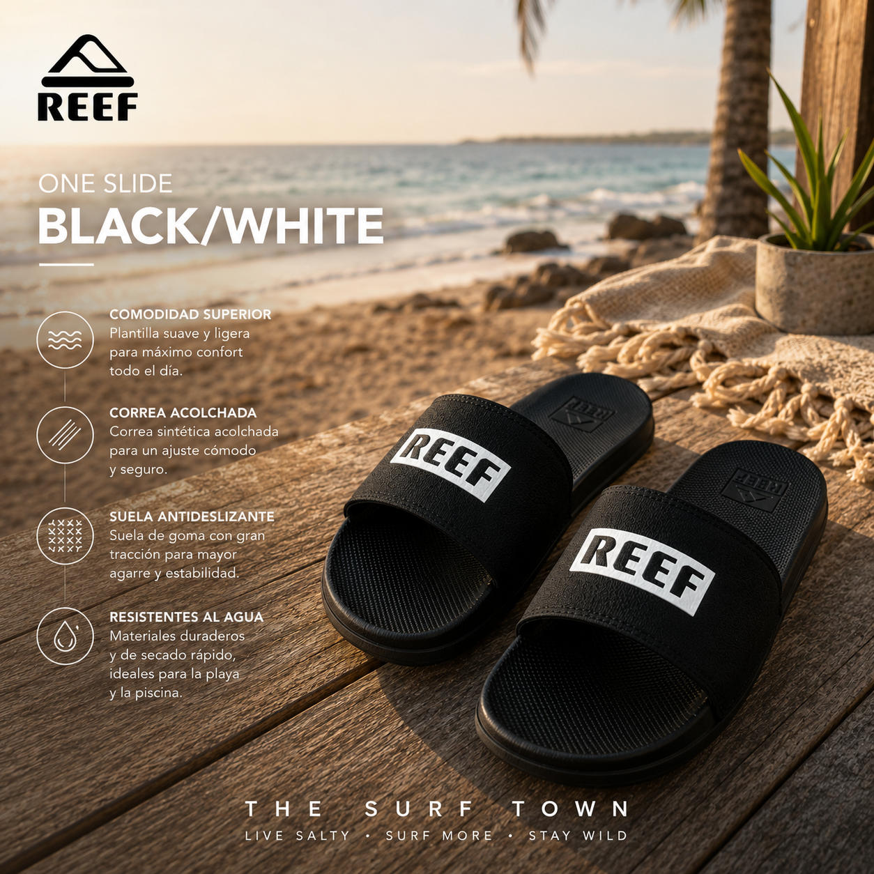 Chanclas Reef One Slide Black White en fotografía editorial propia de THE SURF TOWN inspirada en un beach club tropical de verano