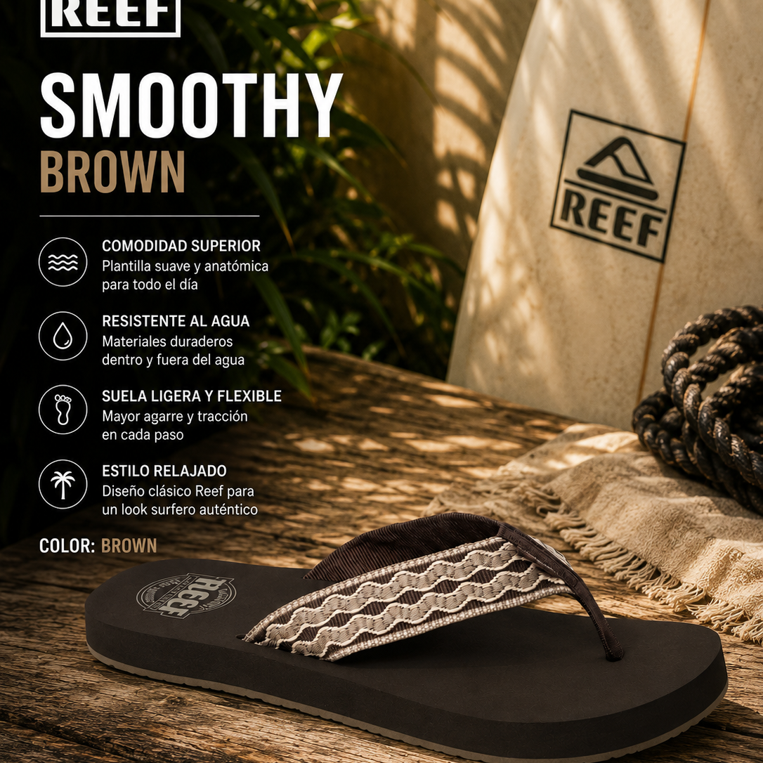 Chanclas Reef Smoothy Brown para hombre en escena surf lifestyle premium tropical
