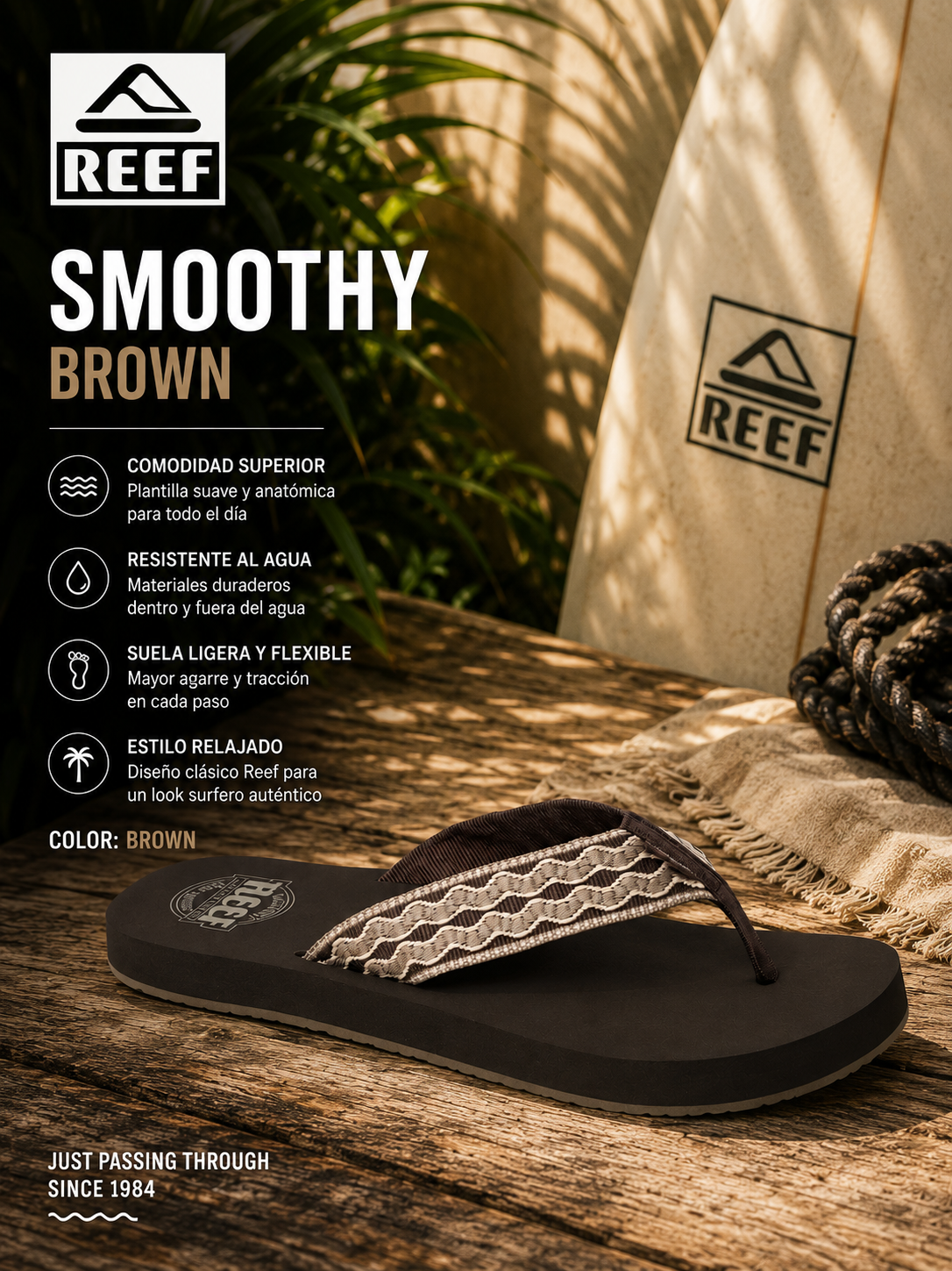 Chanclas Reef Smoothy Brown para hombre en escena surf lifestyle premium tropical