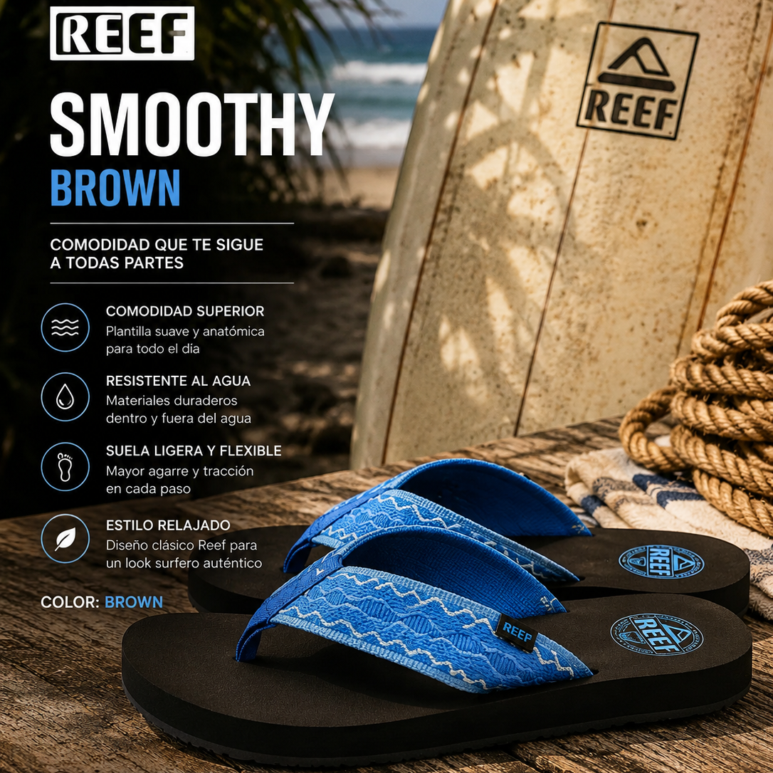 Chanclas Reef Smoothy True Blue para hombre en escena surf lifestyle premium tropical