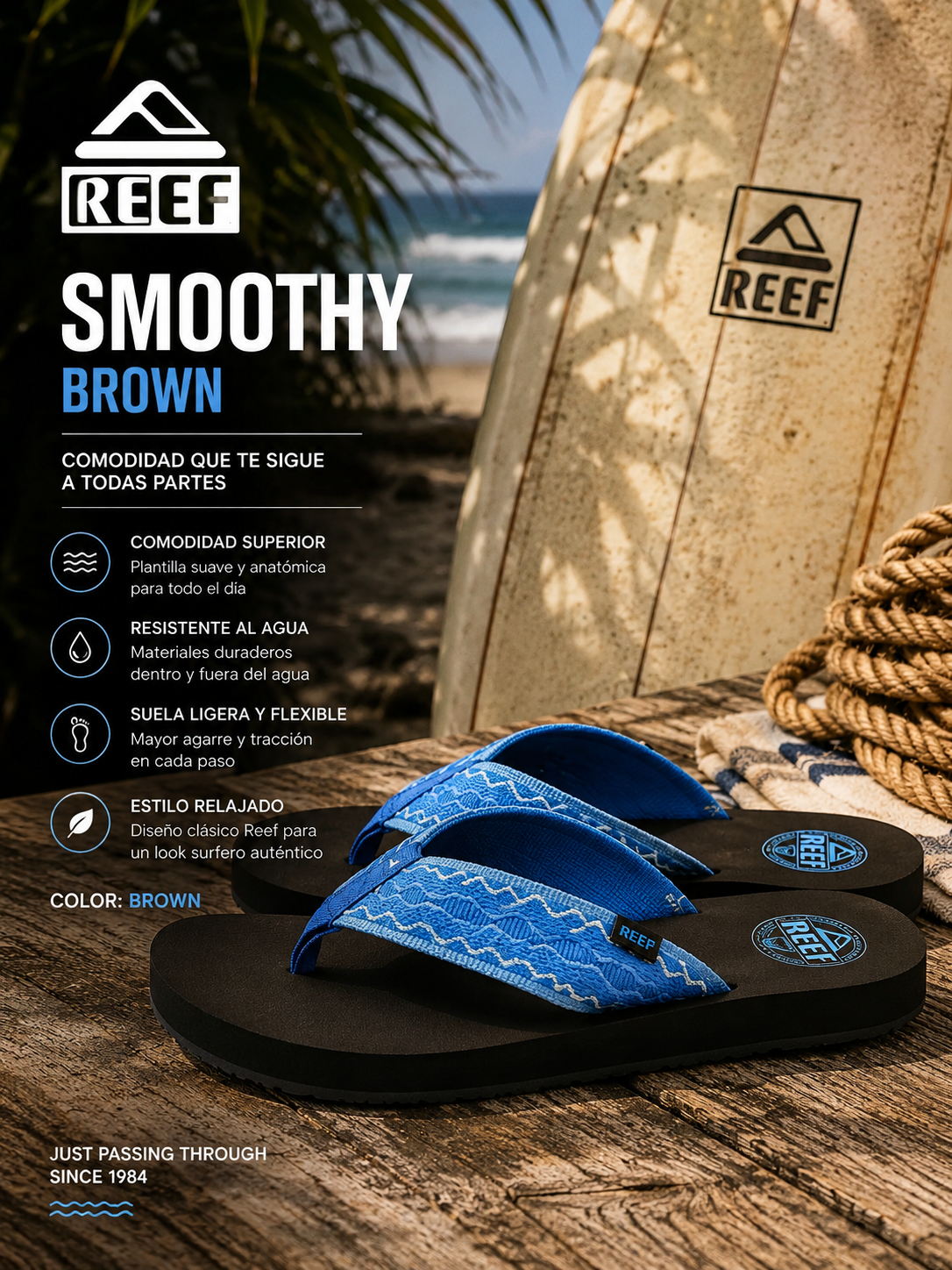 Chanclas Reef Smoothy True Blue para hombre en escena surf lifestyle premium tropical