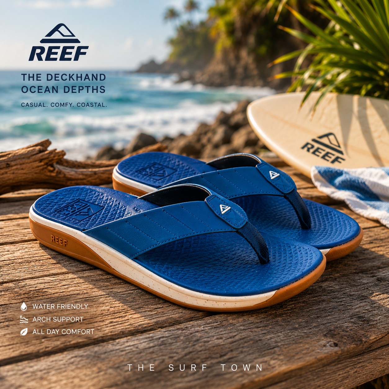 Chanclas Reef The Deckhand Ocean Depths en fotografía editorial propia de THE SURF TOWN junto a la costa en surf lifestyle premium