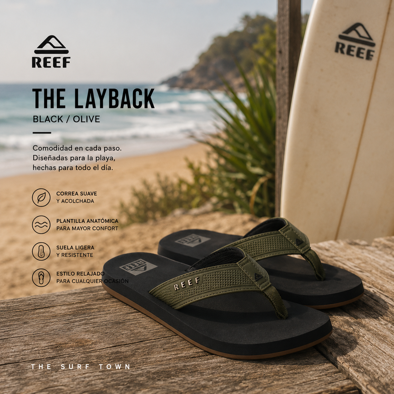 Chanclas Reef The Layback Black Olive para hombre en fotografía editorial propia de THE SURF TOWN, chanclas de playa cómodas estilo surf lifestyle en ambiente costero