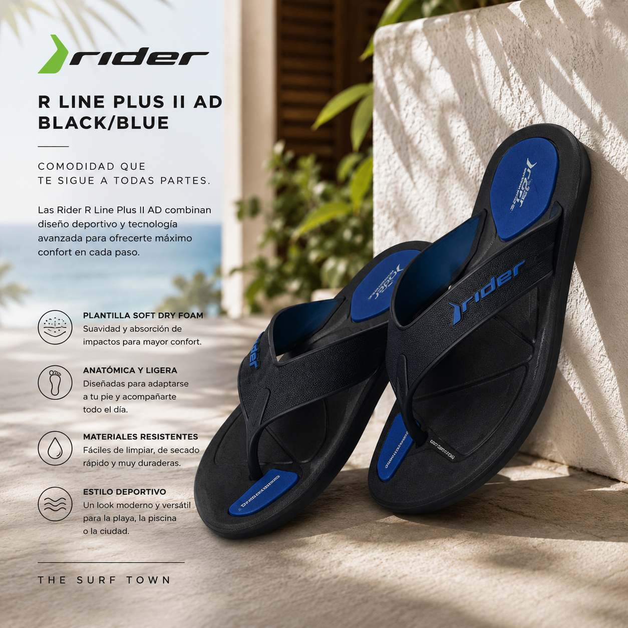 Chanclas Rider R Line Plus II AD Black Blue en fotografía editorial propia de THE SURF TOWN con estilo beach lifestyle premium y ambiente resort de verano
