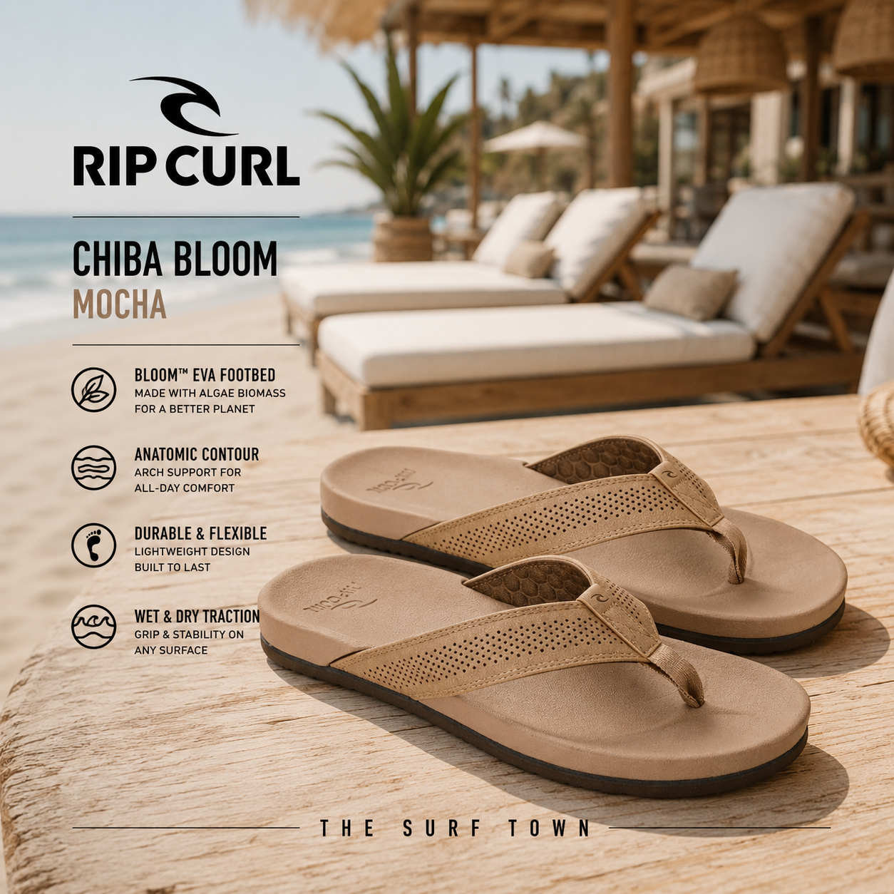 Chanclas Rip Curl Chiba Bloom Mocha en fotografía editorial propia de THE SURF TOWN en beach club tropical premium con plantilla Bloom EVA, gran comodidad, diseño ligero y estilo surf para verano.