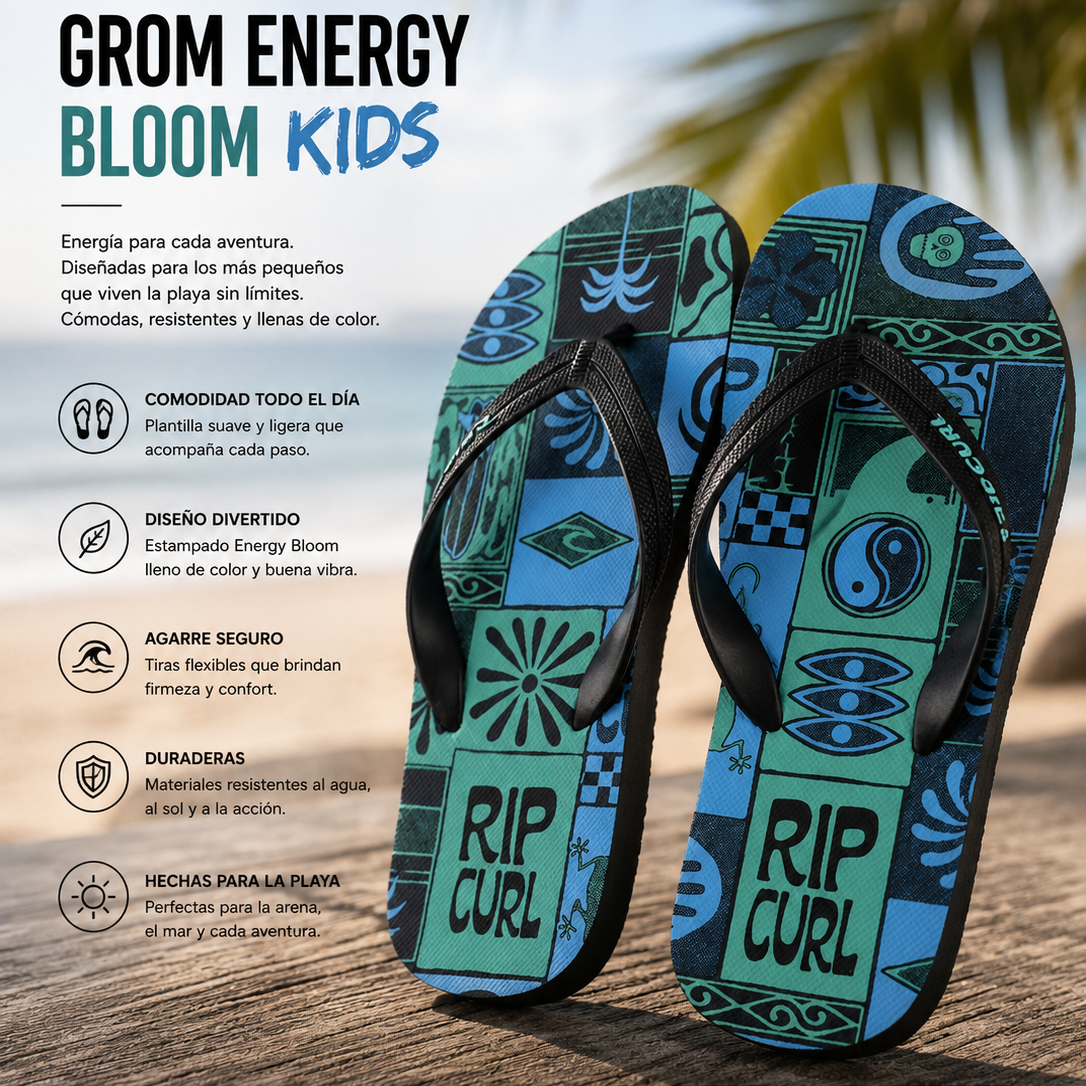 Chanclas Rip Curl Grom Energy Bloom KIDS azules estampadas en escena editorial tropical surf beach lifestyle infantil
