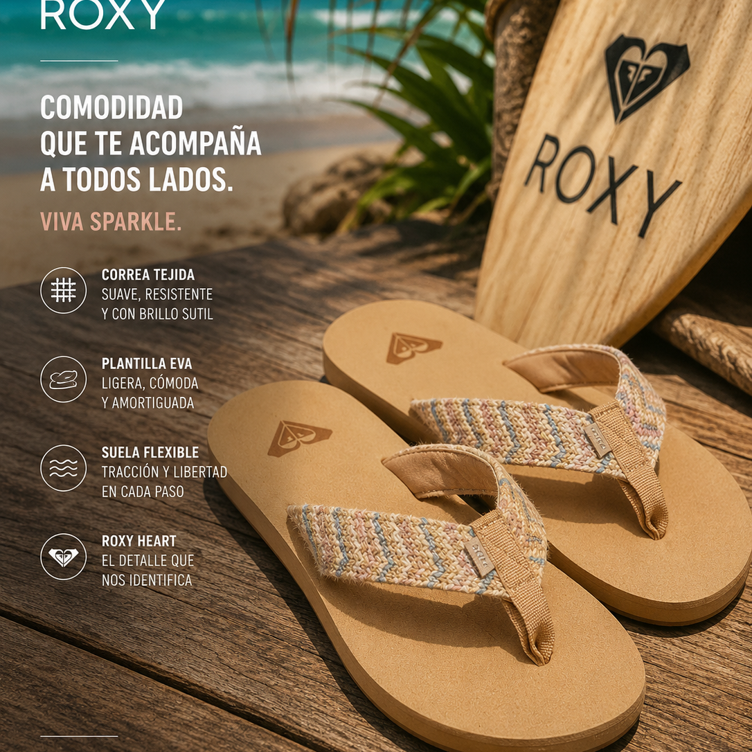 Chanclas Roxy Porto Rope multicolor para mujer en escena beach lifestyle premium sobre madera junto al mar tropical