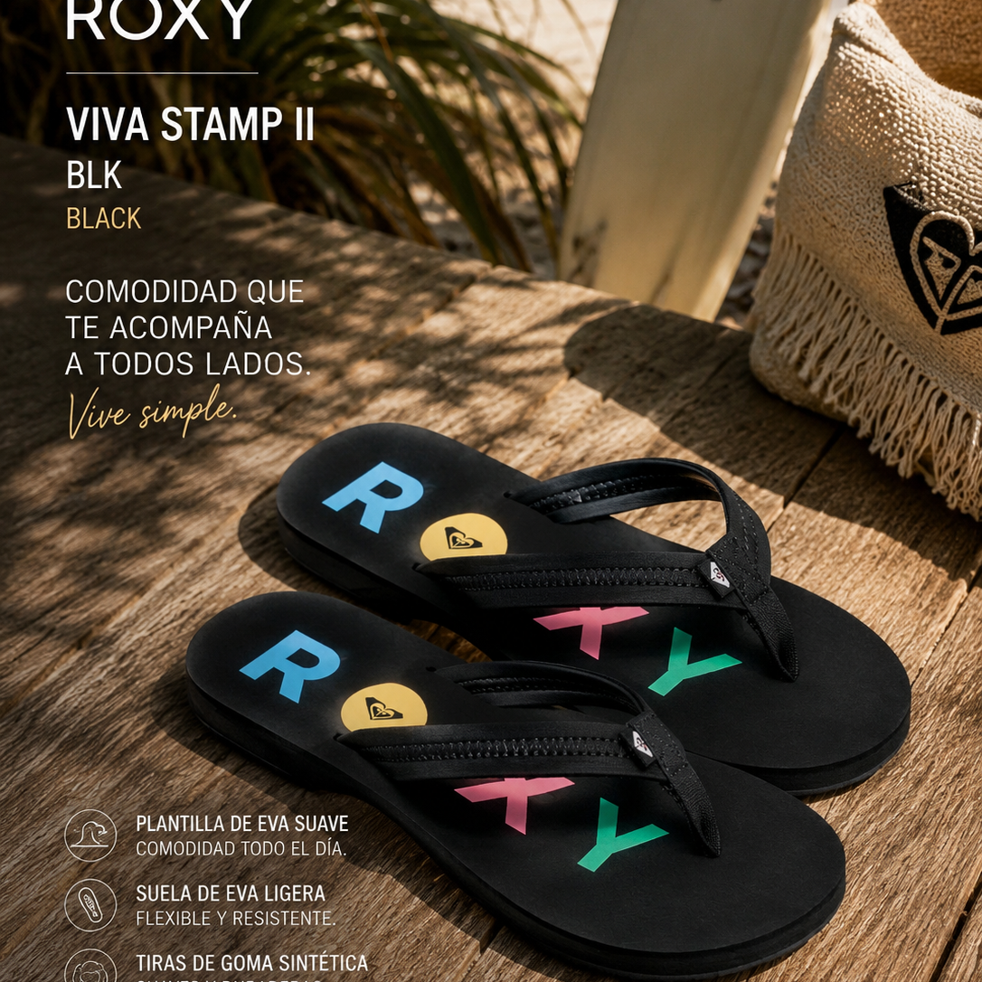 Chanclas Roxy Vista Black mujer en beach deck tropical premium con estética editorial surf y campaña lifestyle femenina