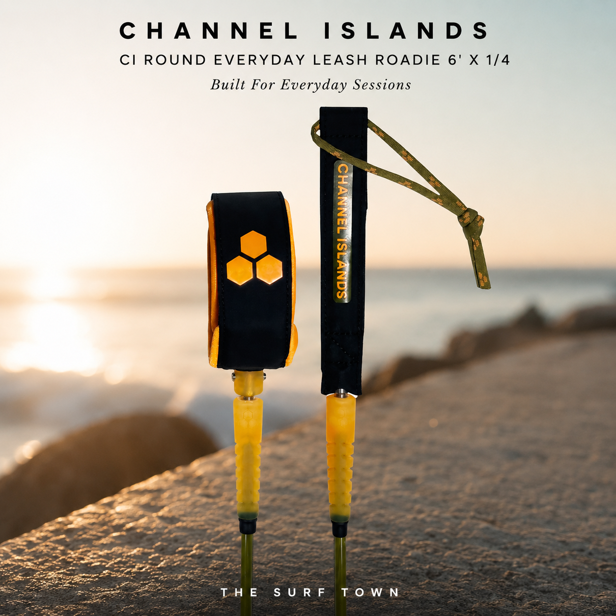 Leash Channel Island CI Round Everyday Leash Roadie 6' X 1/4 en fotografía editorial propia de THE SURF TOWN con ambiente surf premium y fondo costero desenfocado.