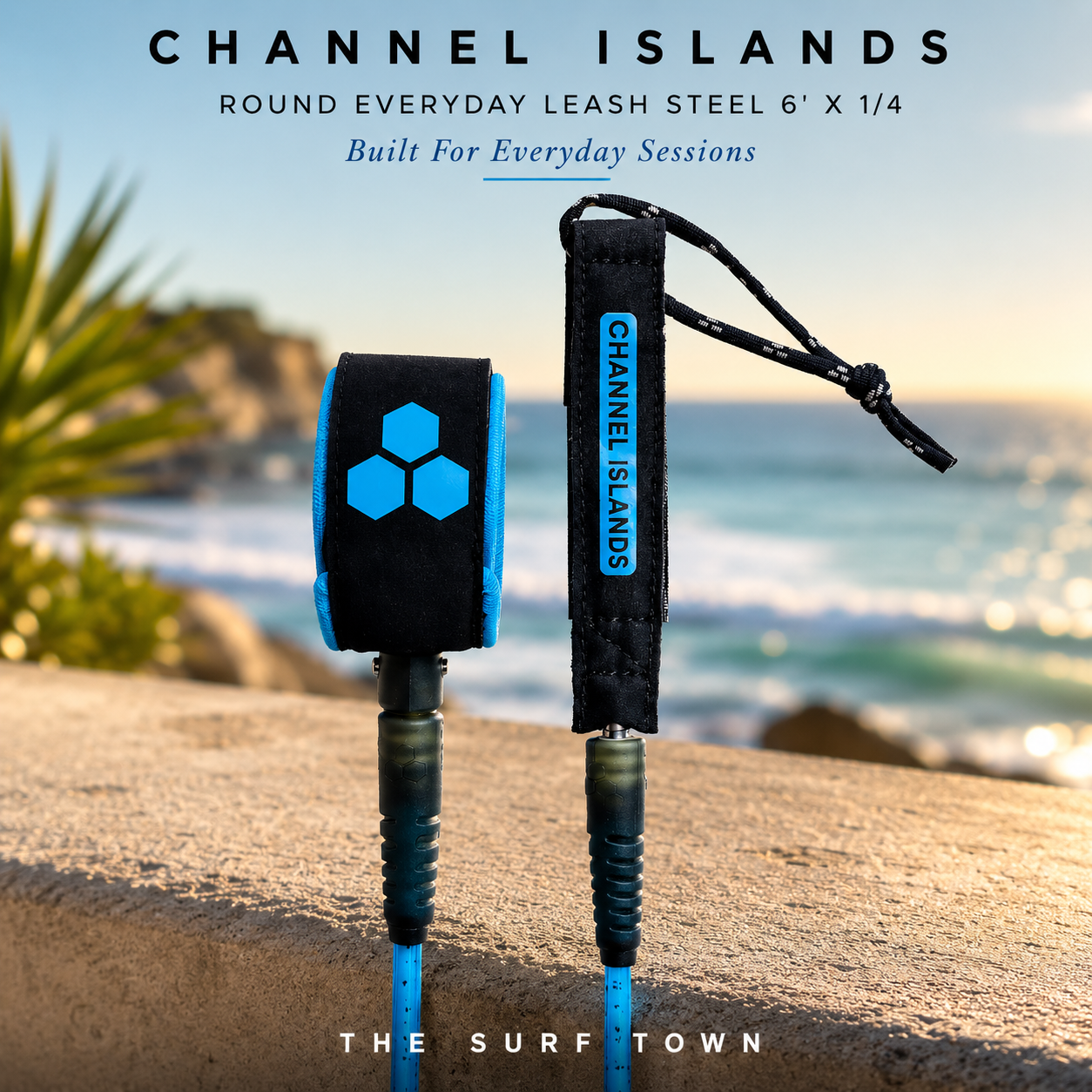 Leash Channel Islands Round Everyday Leash Steel 6' X 1/4 en fotografía editorial propia de THE SURF TOWN con ambiente surf premium, costa oceánica y fondo desenfocado para destacar el producto.
