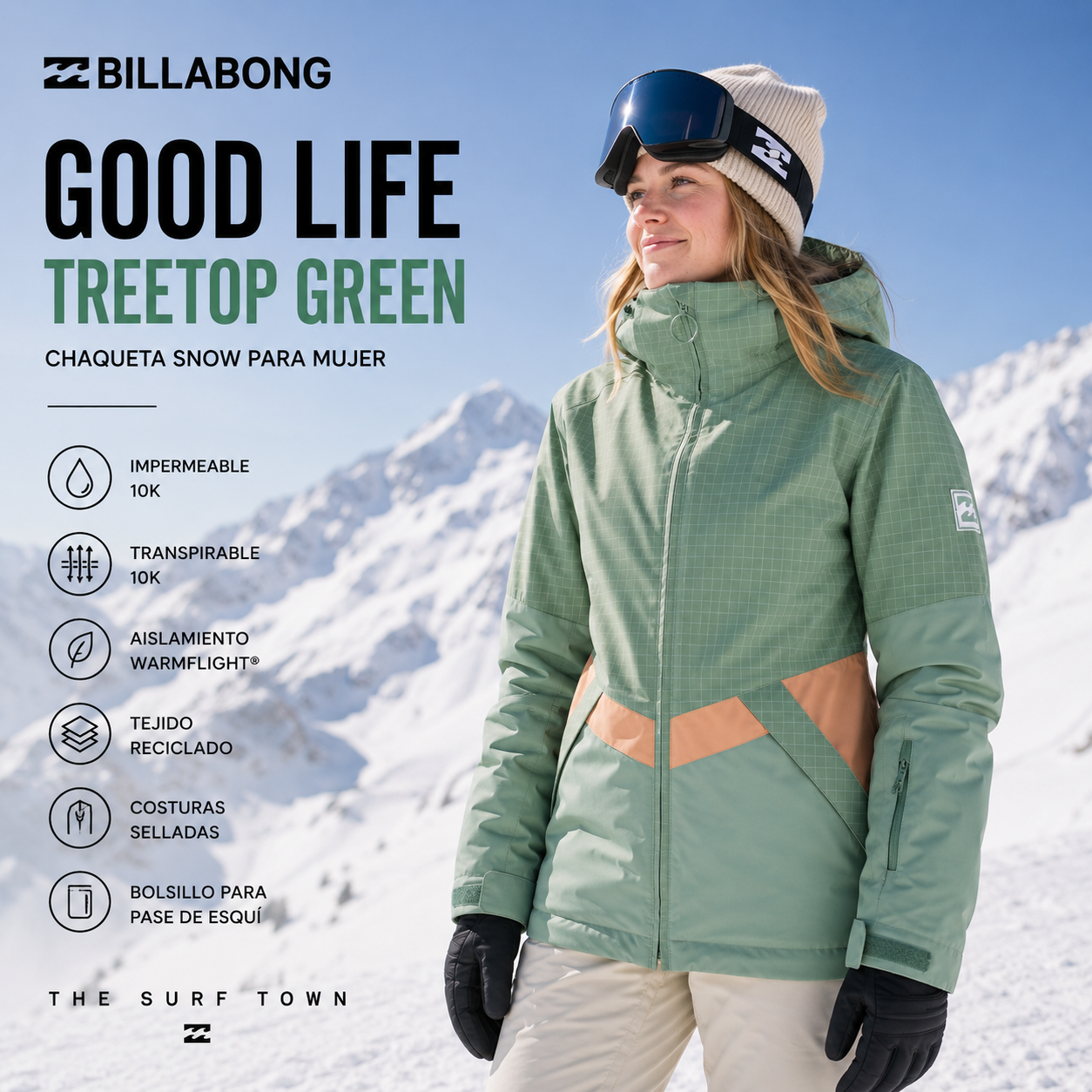 Chaqueta Billabong Good Life Treetop Green para mujer en fotografía editorial propia de THE SURF TOWN, chaqueta de snowboard verde con protección impermeable y estilo premium para nieve y montaña
