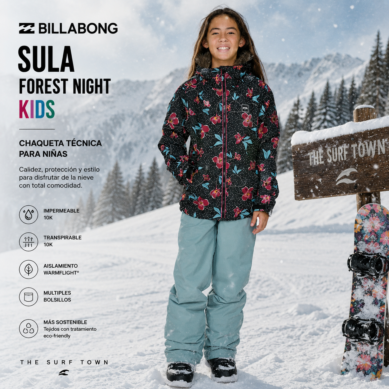 Chaqueta Billabong Sula Forest Night Kids en fotografía editorial propia de THE SURF TOWN, chaqueta de nieve para niña con estampado floral, protección impermeable y estilo snowboard premium