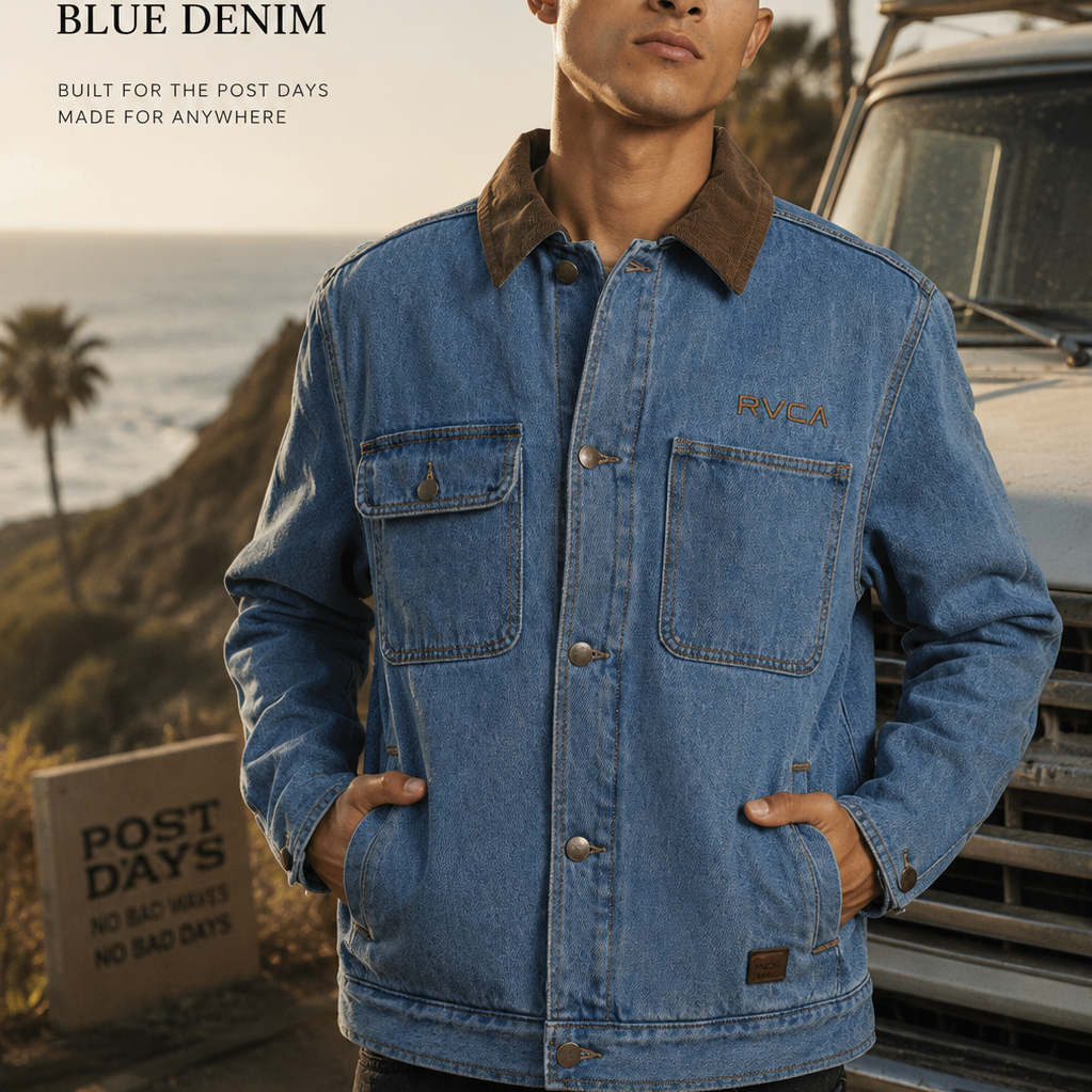 Chaqueta Rvca Post Dayshift Blue Denim para hombre en escena coastal roadtrip con estética surf cinema y luz natural cálida