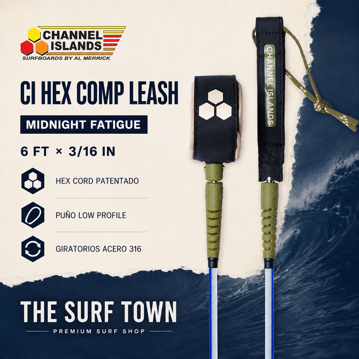 Editorial premium Channel Islands Hex Comp Leash 6' Midnight Fatigue por The Surf Town