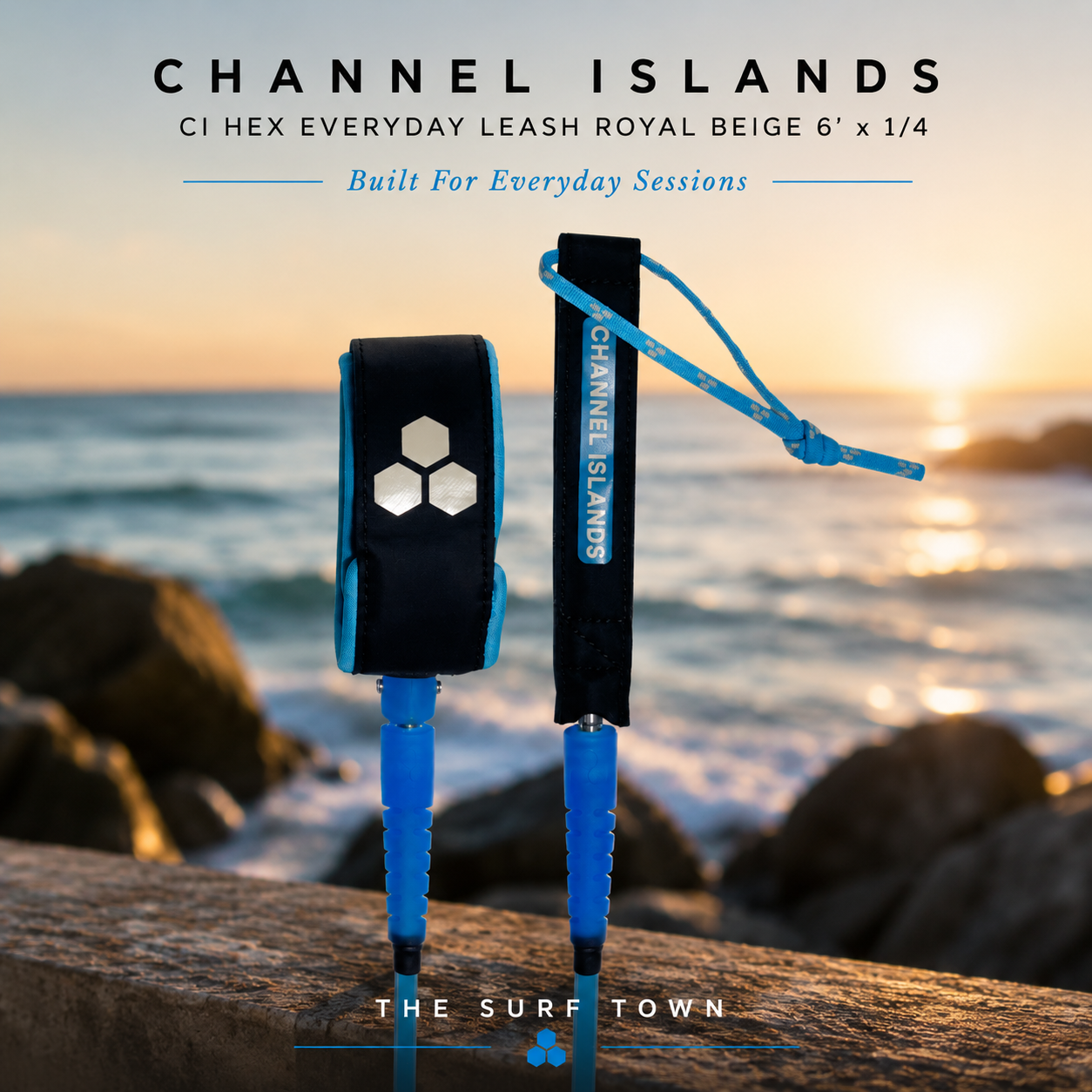 Leash Channel Islands CI Hex Everyday Leash Royal Beige 6' X 1/4 en fotografía editorial propia de THE SURF TOWN con ambiente surf premium, costa oceánica