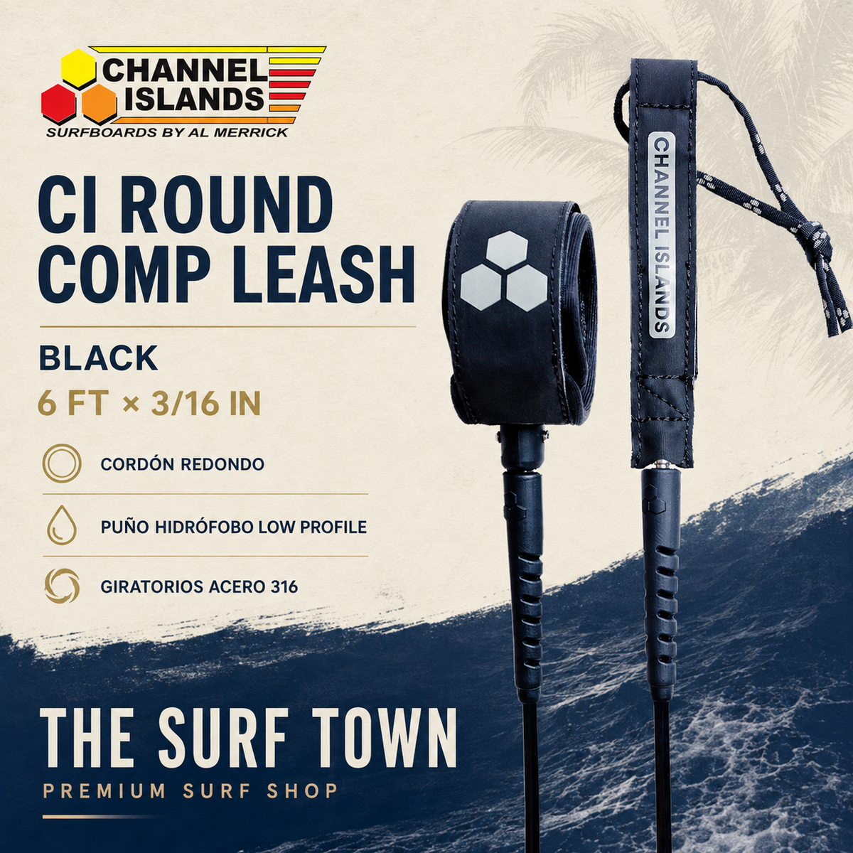 Editorial premium Channel Islands Round Comp Leash 6' Black por The Surf Town