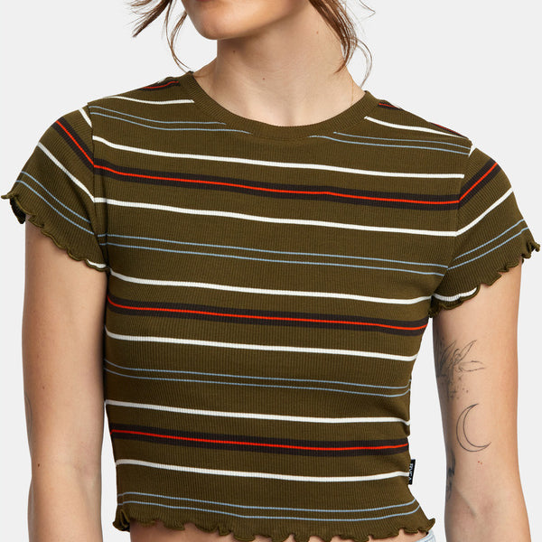 detalle rayas camiseta RVCA Classmate Dark Olive mujer