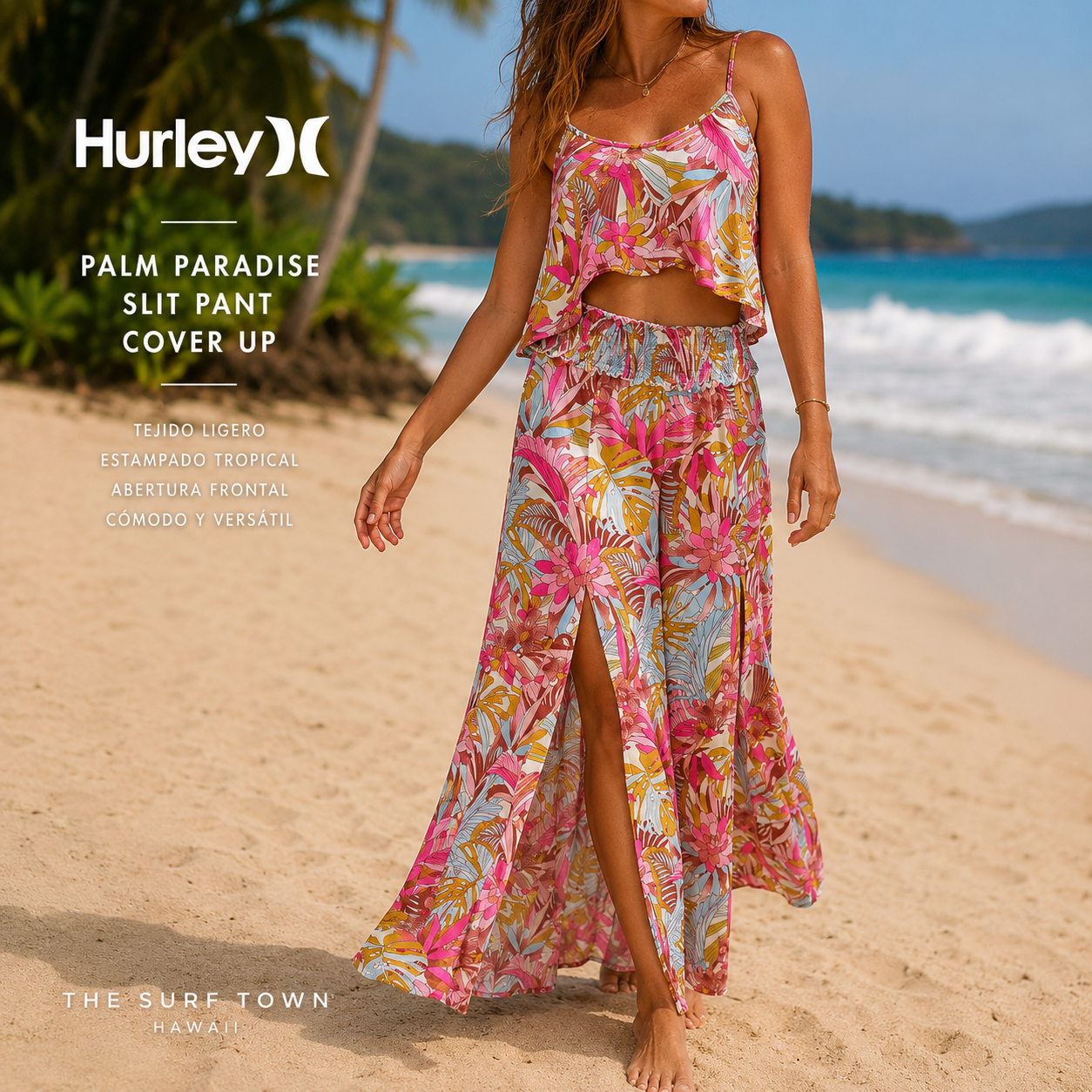 Falda Hurley Palm Paradise Slit Pant Cover Up en fotografía editorial propia de THE SURF TOWN con estampado tropical, abertura frontal y estilo resort premium junto al mar