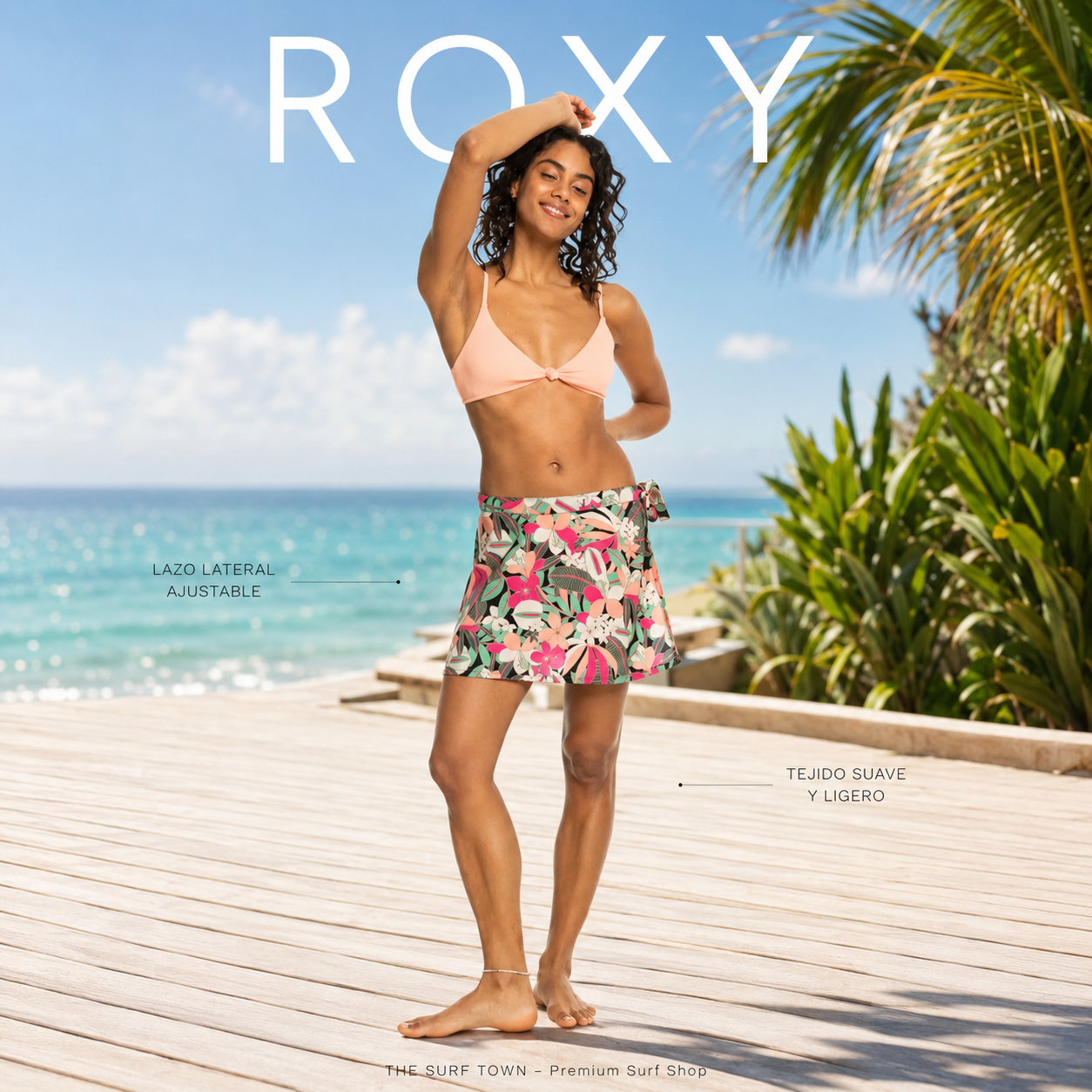 Falda de playa Roxy Ocean Trip Anthracite en fotografía editorial propia de THE SURF TOWN con estilo beach club tropical premium y ambiente surf lifestyle femenino