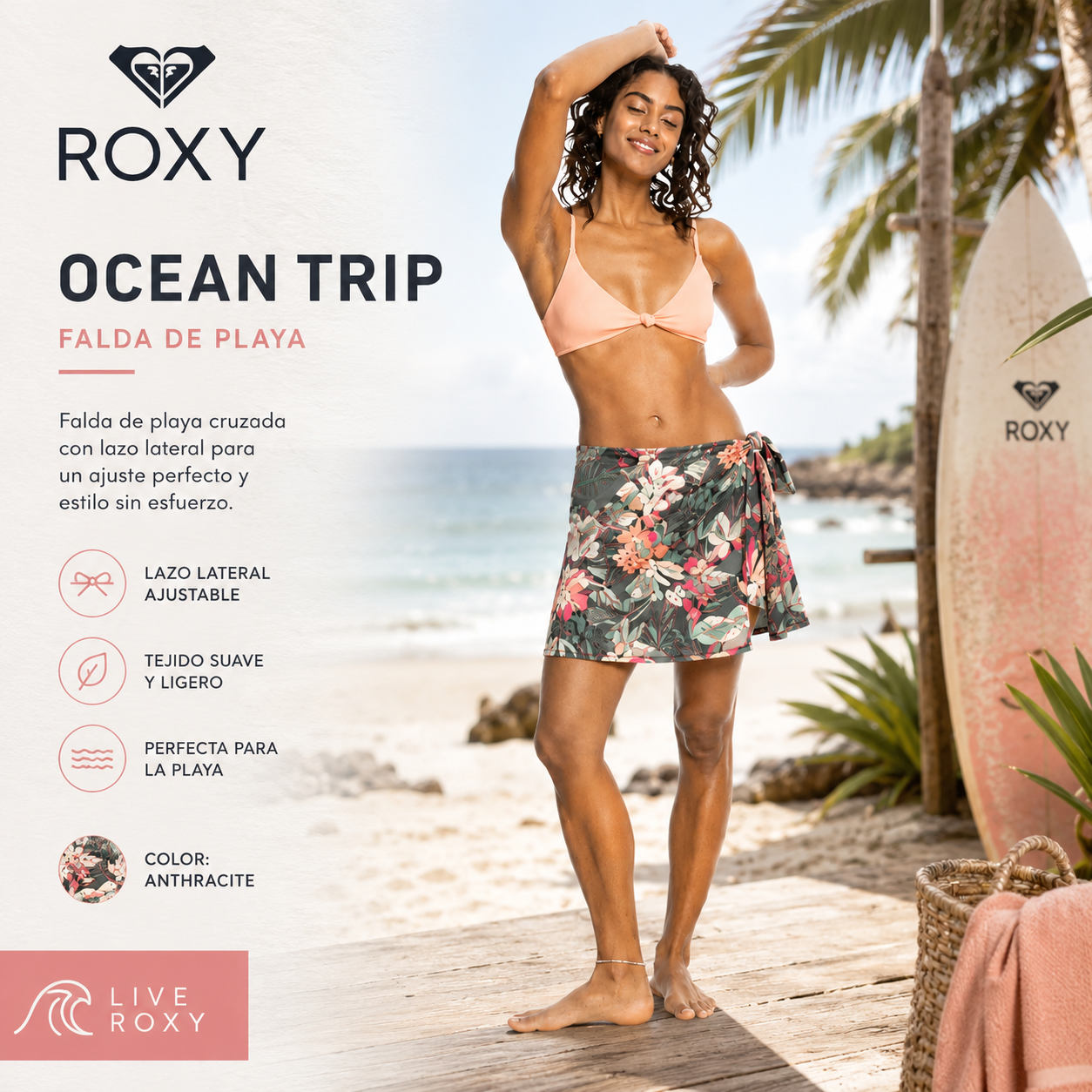 Falda de playa Roxy Ocean Trip Anthracite en fotografía editorial propia de THE SURF TOWN con estilo beach club tropical premium y ambiente surf lifestyle femenino