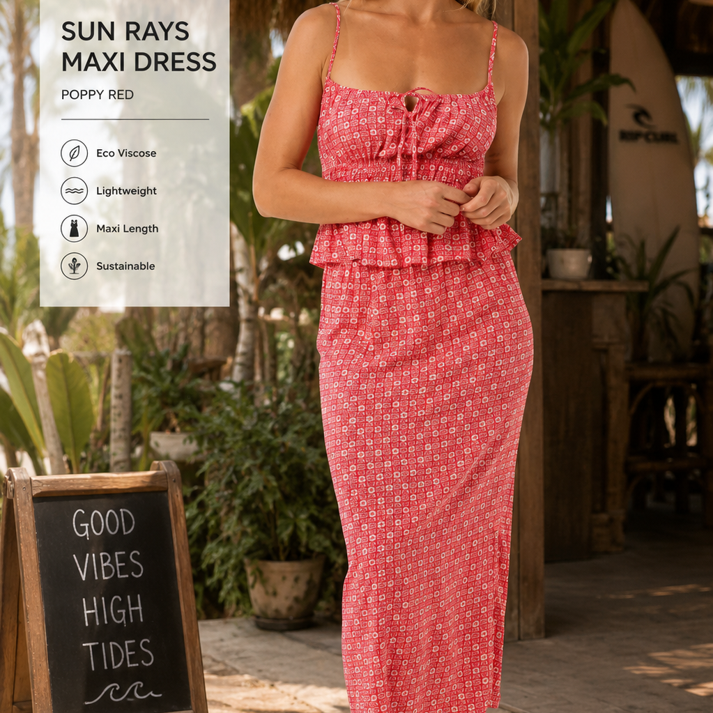 Falda Rip Curl Cala Mayor Red mujer en beach club tropical premium con estética surf lifestyle editorial