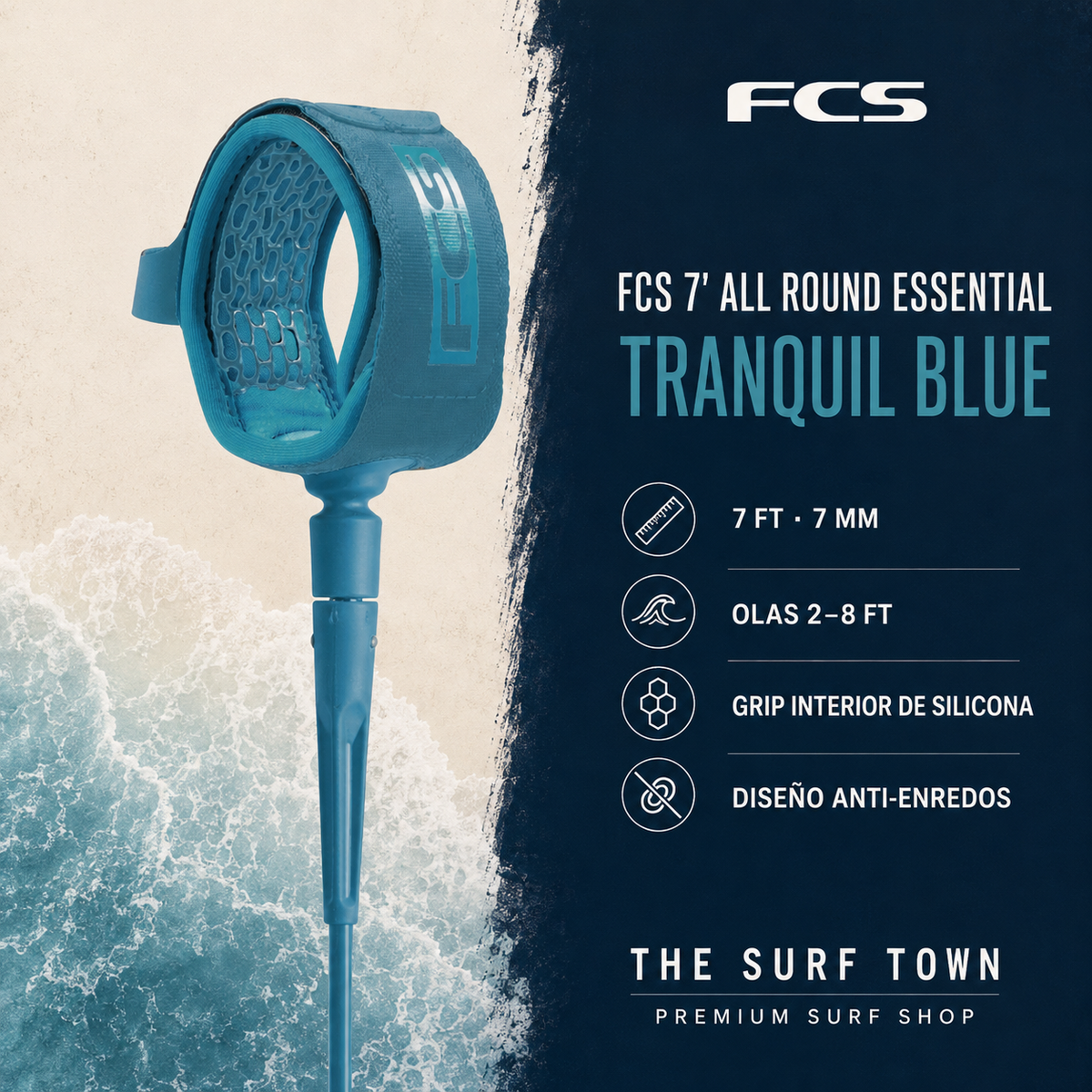 Editorial premium FCS 7' All Round Essential Leash Tranquil Blue por The Surf Town
