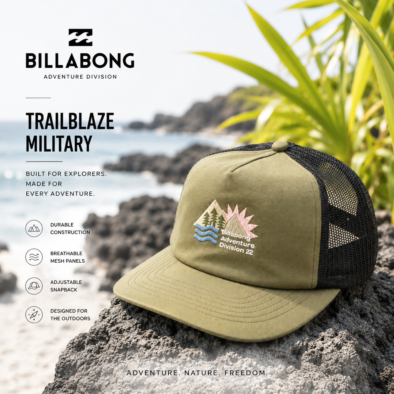 Gorra Billabong Adventure Division Trailblaze Military verde con diseño trucker para aventuras y estilo outdoor