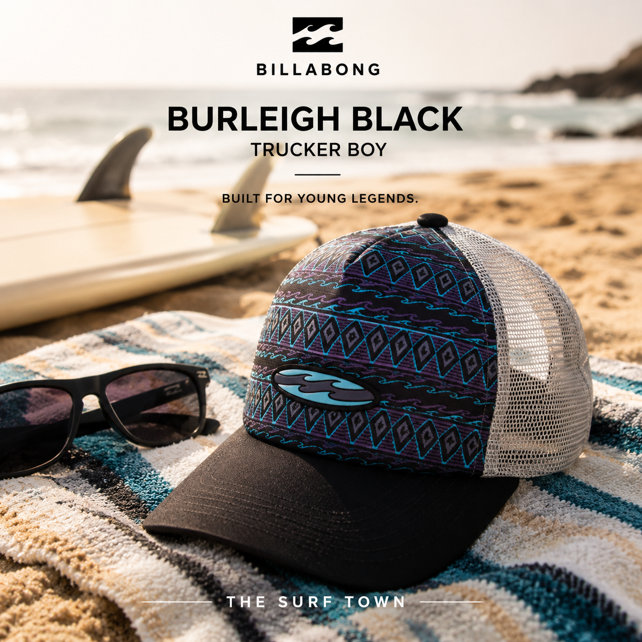 Gorra Billabong Burleigh Black Trucker Boy en fotografía editorial propia de THE SURF TOWN sobre toalla de playa junto al mar, diseño tribal en tonos azul y negro con estilo surf lifestyle para vacaciones.