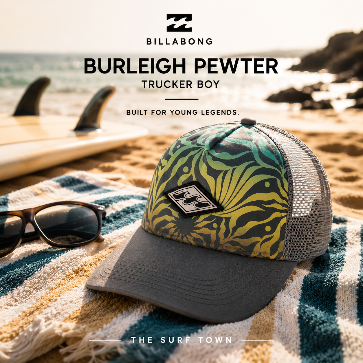 Gorra Billabong Burleigh Pewter Trucker Boy en fotografía editorial propia de THE SURF TOWN sobre toalla de playa junto al mar, estilo surf lifestyle de vacaciones para niño con diseño tropical y rejilla trasera.