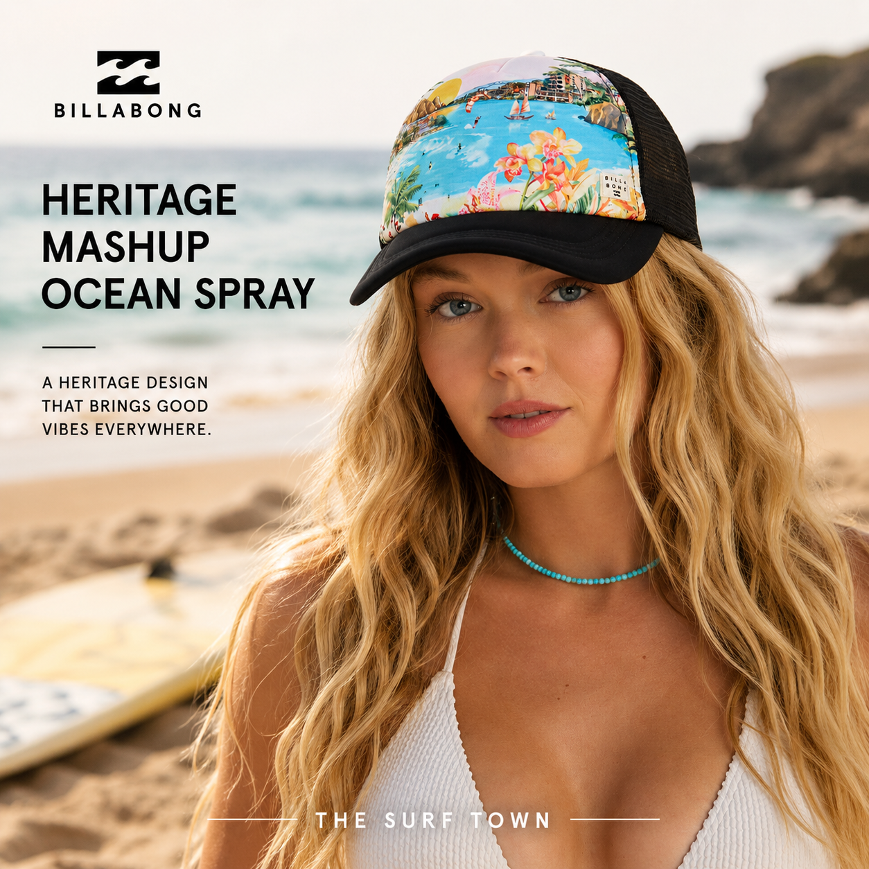 imagen editorial propia de the surf town de mujer en la playa con gorra billanong mashup ocean spray