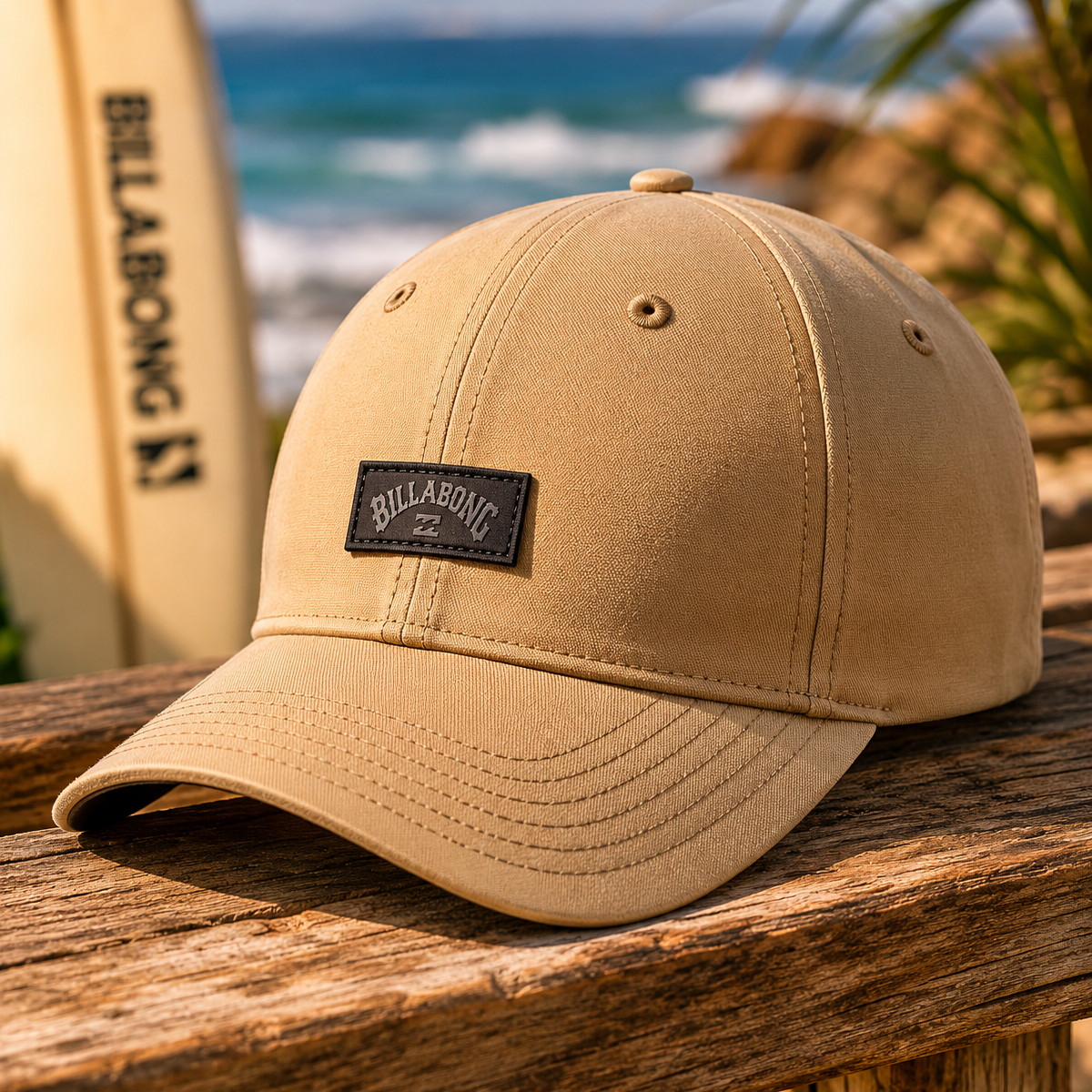Gorra Billabong beige estilo surf lifestyle sobre mesa de madera frente al mar