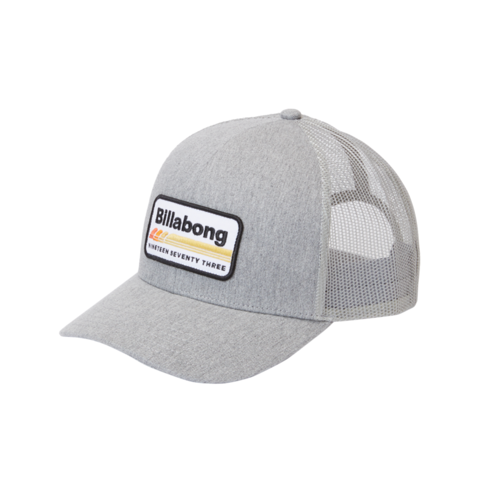 Gorra Billabong Walled Trucker Grey Heather gris unisex con panel trasero de rejilla tipo trucker y cierre ajustable snapback