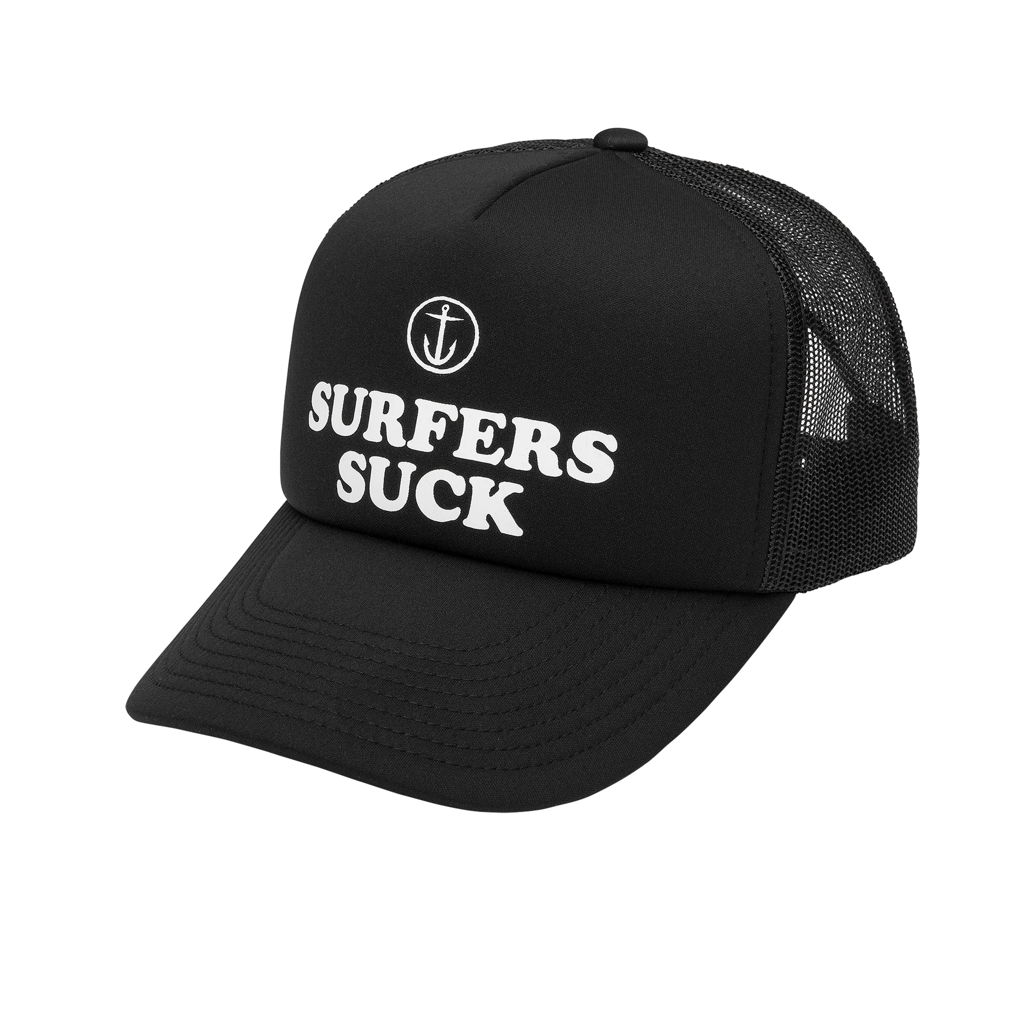 Gorra Captain Fin Surfers Trucker negra con logo blanco delantero y rejilla trasera tipo trucker