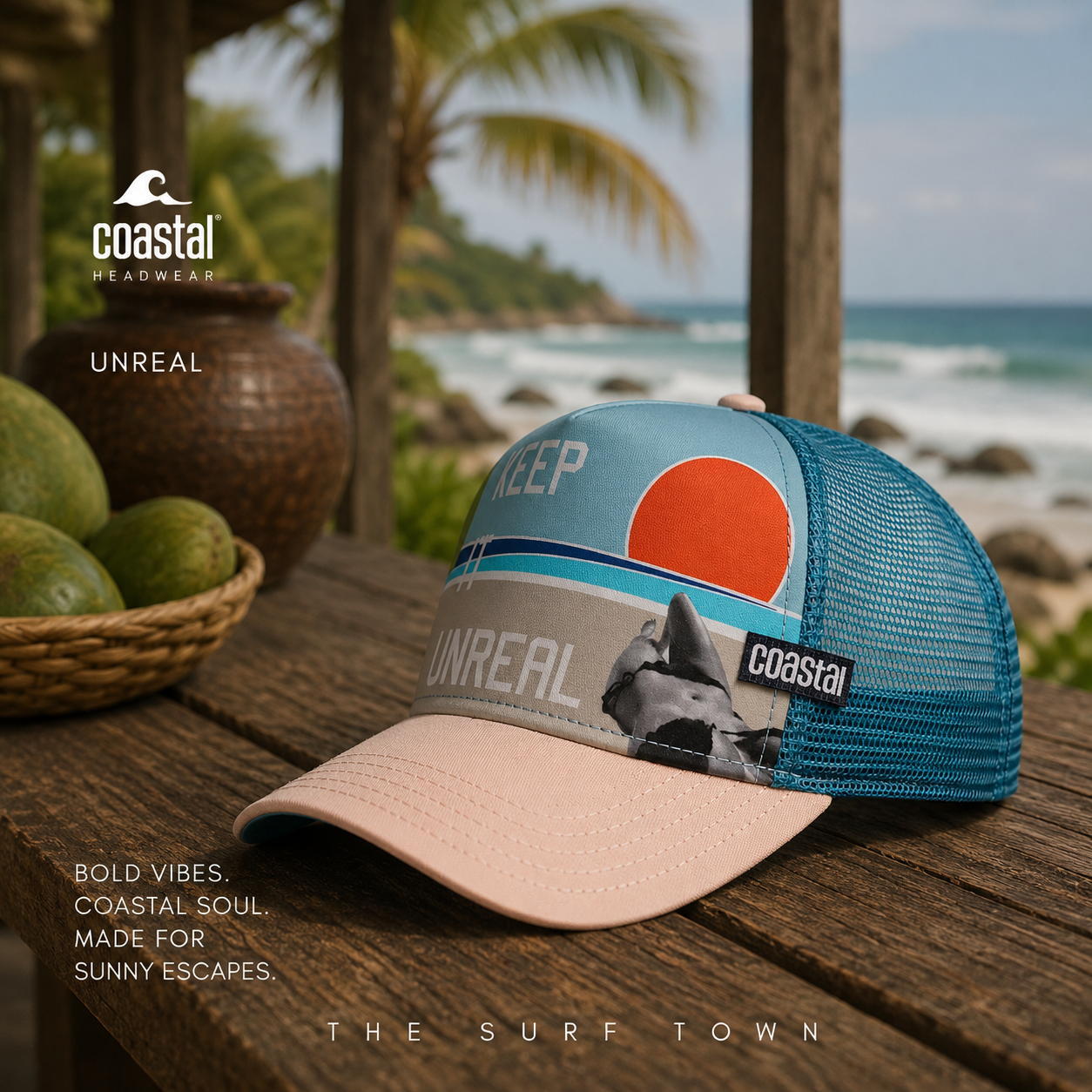 Gorra Coastal Unreal en fotografía editorial propia de THE SURF TOWN en surf lodge tropical premium junto al océano