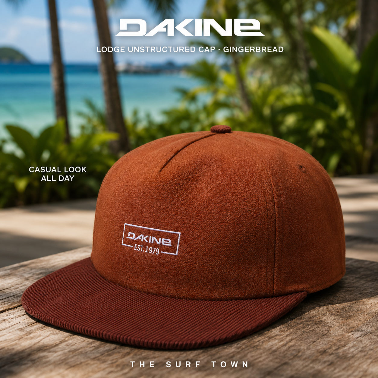 Gorra Dakine Lodge Unstructured Cap Gingerbread en fotografía editorial propia de THE SURF TOWN en resort tropical premium frente al mar