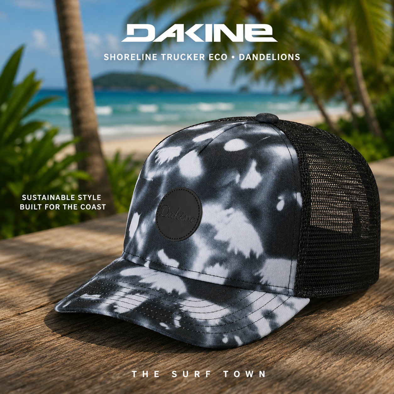 Gorra Dakine Shoreline Trucker Eco Dandelions en fotografía editorial propia de THE SURF TOWN en entorno tropical premium frente al mar