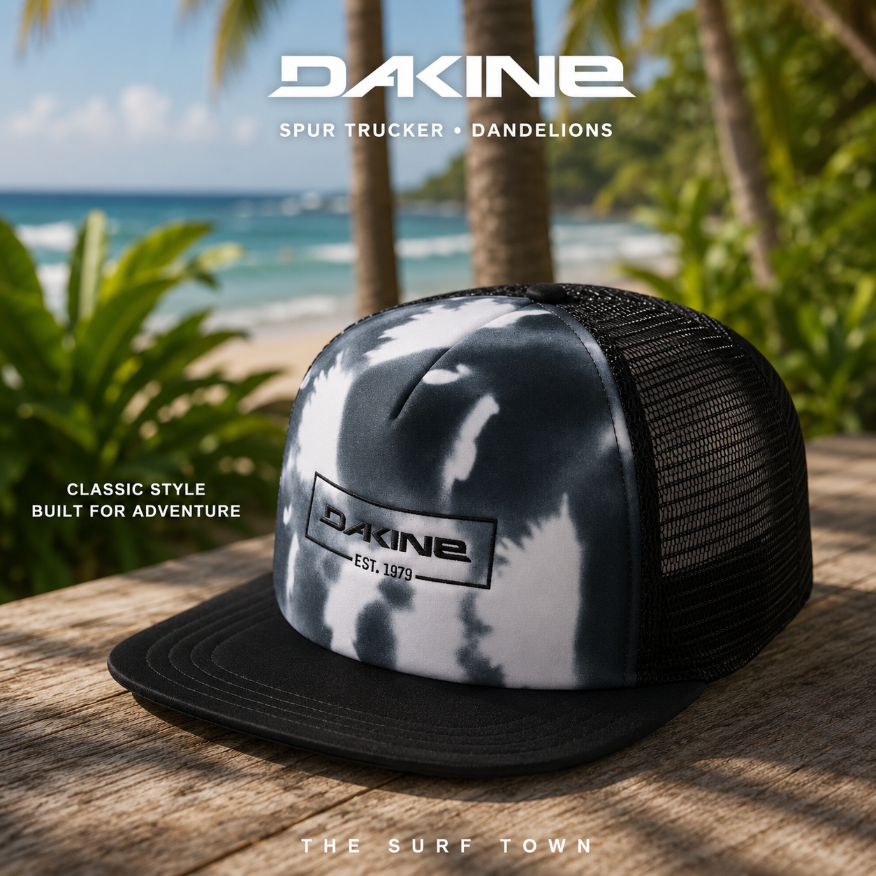 Gorra Dakine Spur Trucker Dandelions en fotografía editorial propia de THE SURF TOWN en entorno tropical premium junto al mar
