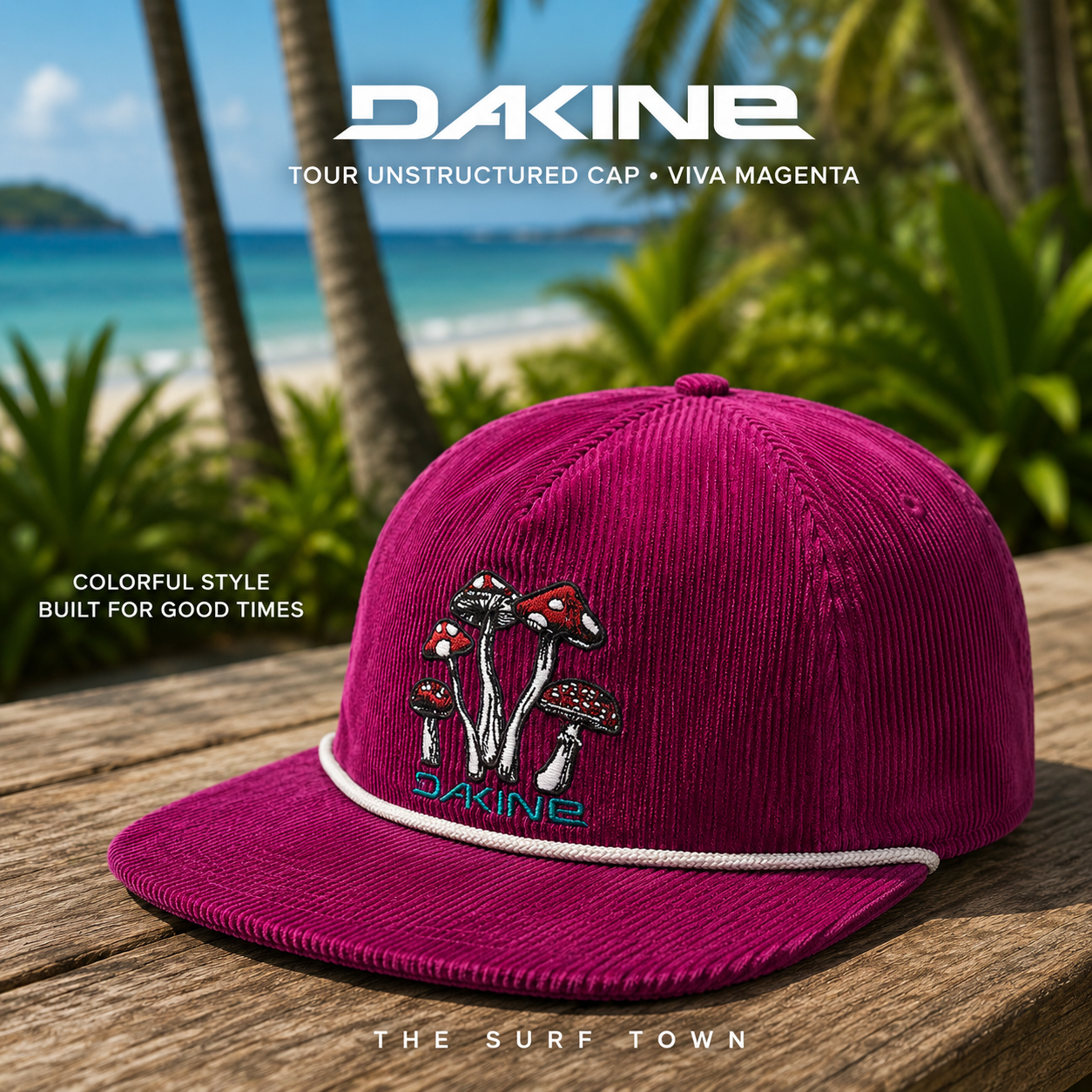 Gorra Dakine Tour Unstructured Cap Viva Magenta en fotografía editorial propia de THE SURF TOWN en resort tropical premium junto al océano