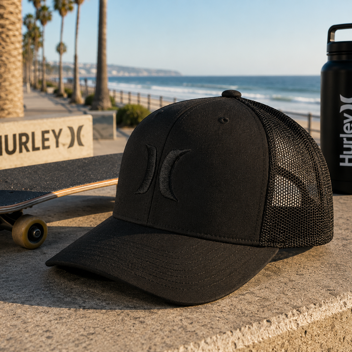 Gorra Hurley Del Mar Trucker Black en paseo marítimo surf skate lifestyle premium Costa del Sol