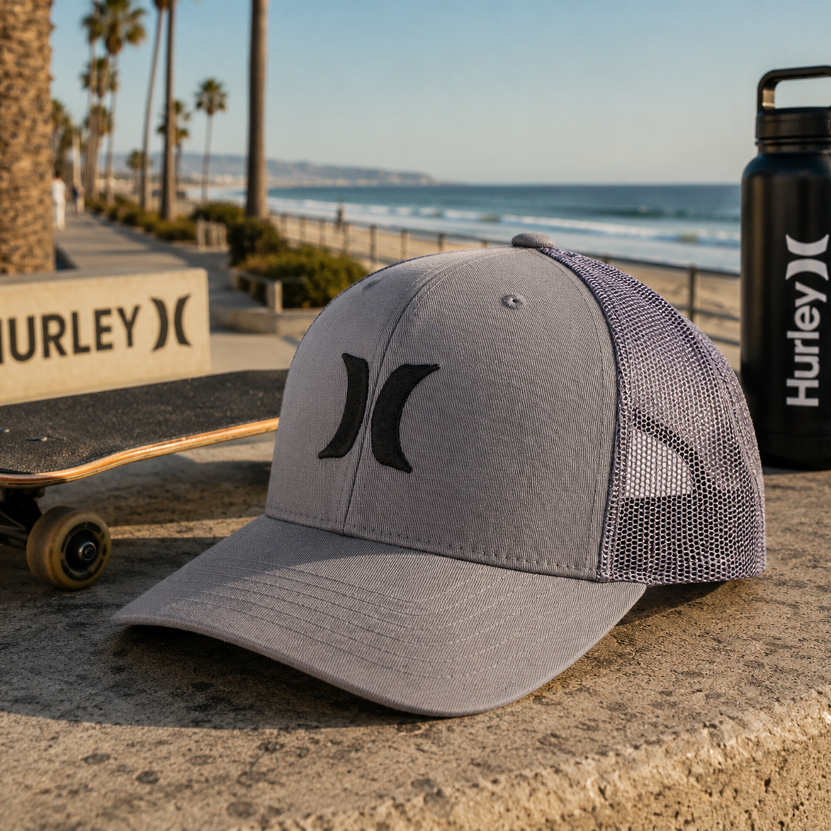 Gorra Hurley Del Mar Trucker Dark Grey en paseo marítimo surf skate lifestyle premium