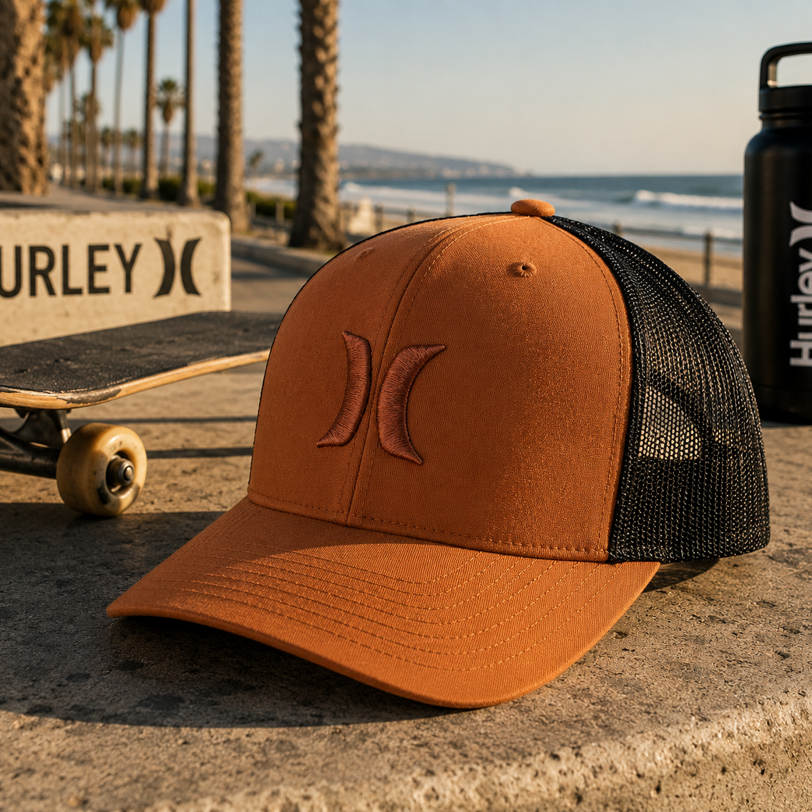 Gorra Hurley Del Mar Trucker Sepia Stone en paseo marítimo surf skate lifestyle premium Costa del Sol