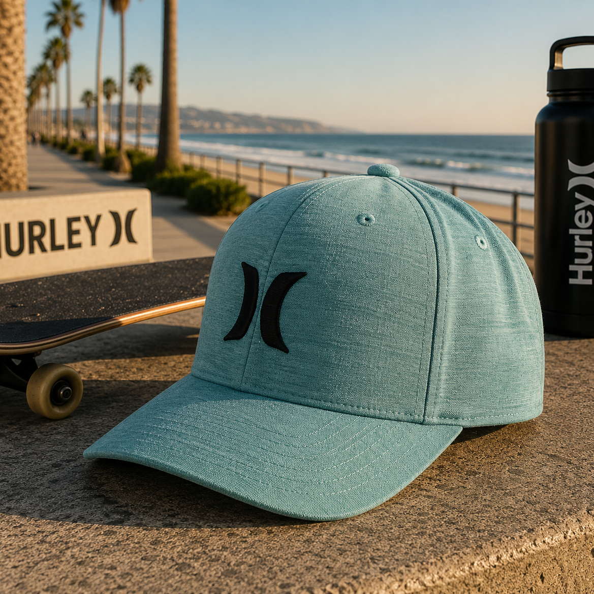 Gorra Hurley H2O Dri One Only Aurora Green en paseo marítimo surf lifestyle premium Costa del Sol
